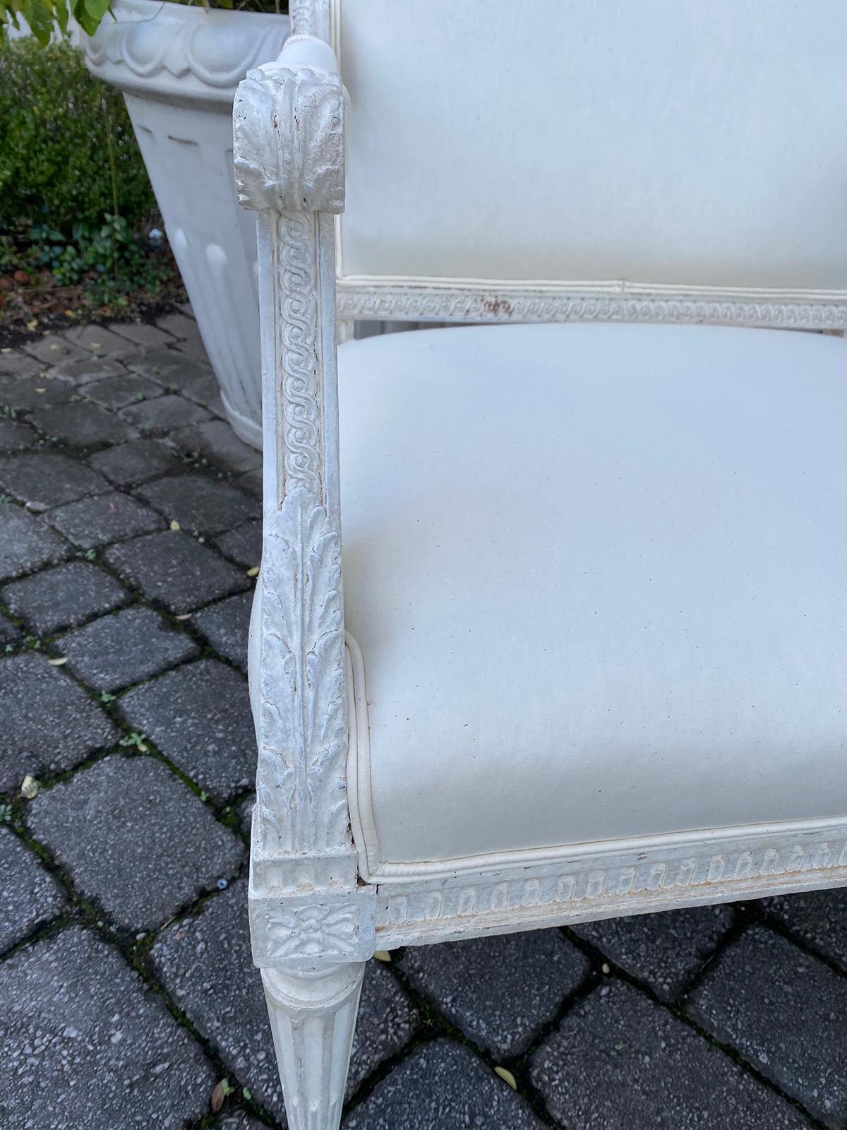 Muslin 19th Century French Louis XVI Carved Fauteuil Chair with Custom Painted Finish