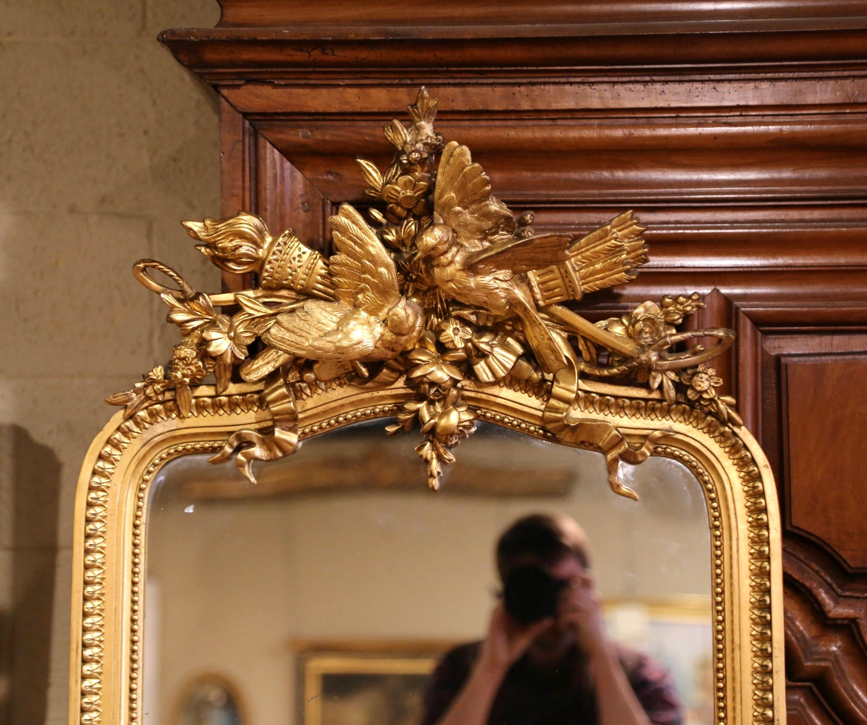 Hand-Carved 19th Century French Louis XVI Carved Giltwood Floor Mirror with Bird Decor