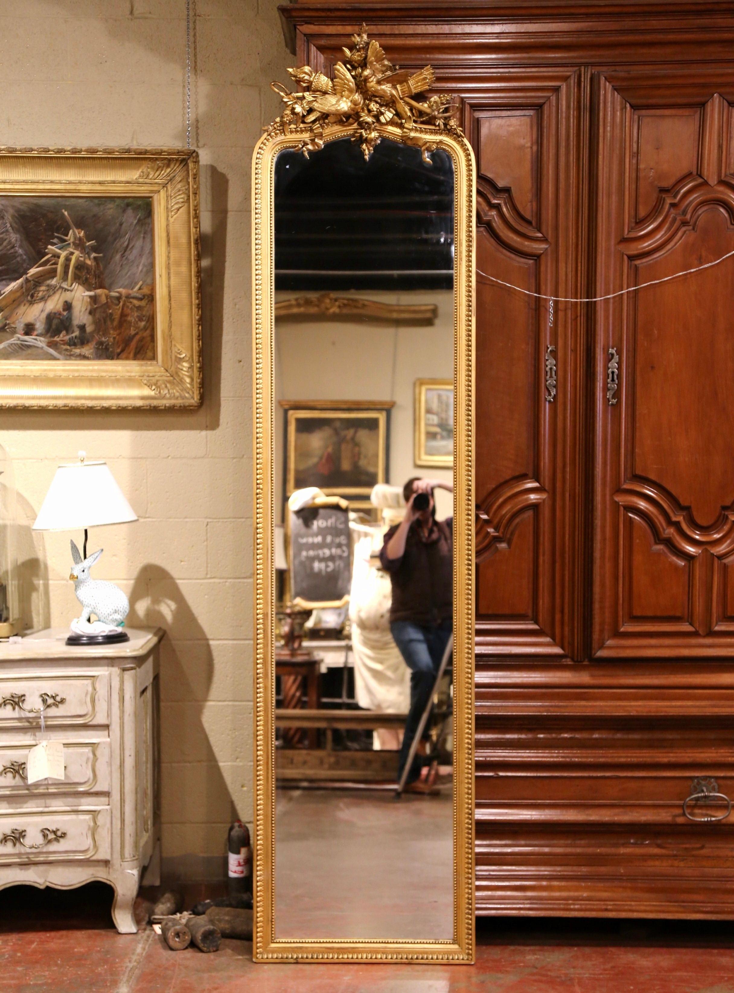 19th Century French Louis XVI Carved Giltwood Floor Mirror with Bird Decor In Excellent Condition In Dallas, TX