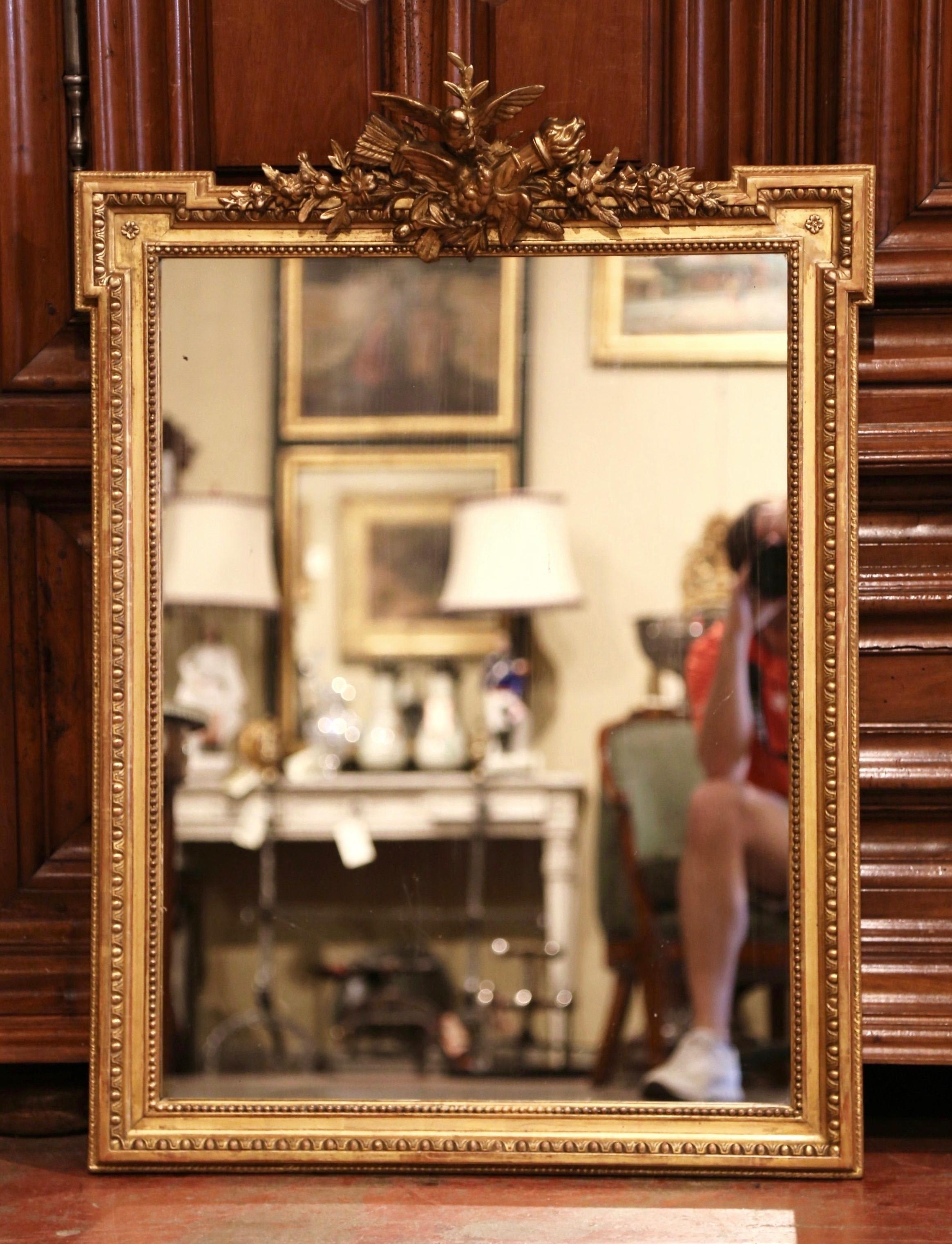 19th Century French Louis XVI Carved Giltwood Mirror with Bird Decor In Excellent Condition In Dallas, TX