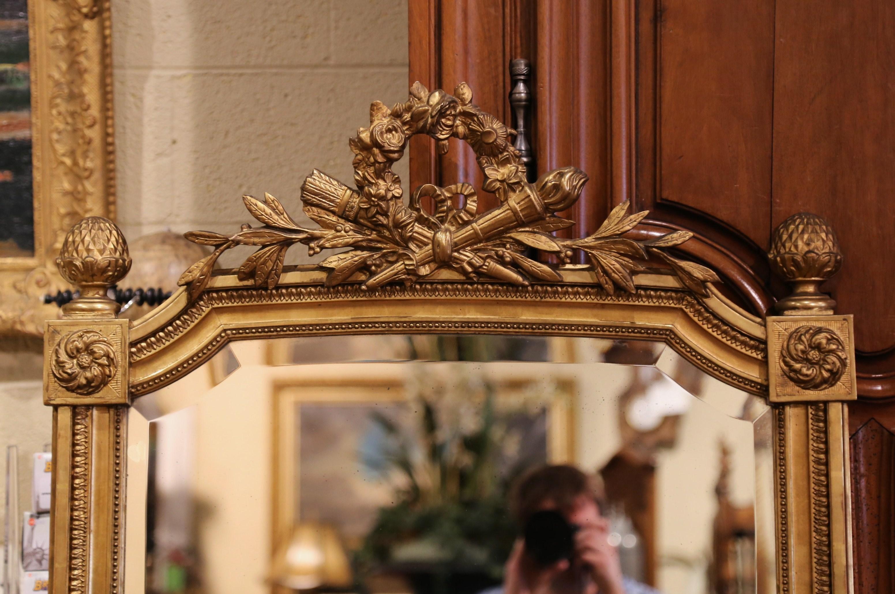 19th Century French Louis XVI Carved Giltwood and Beveled Wall Mirror In Excellent Condition In Dallas, TX