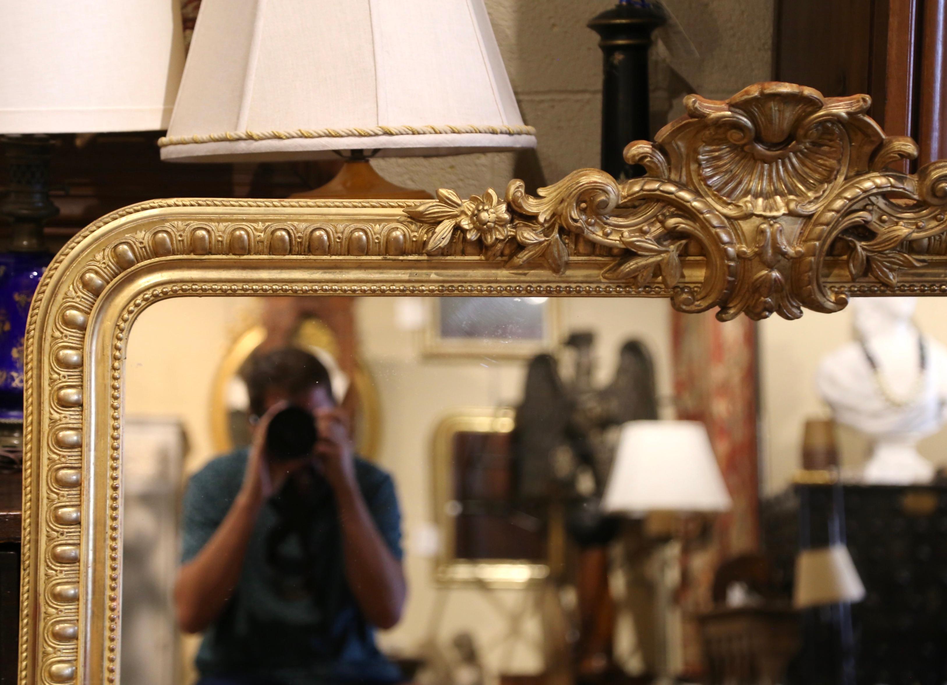 Hand-Carved 19th Century French Louis XVI Carved Giltwood Mantel Mirror with Shell Motif