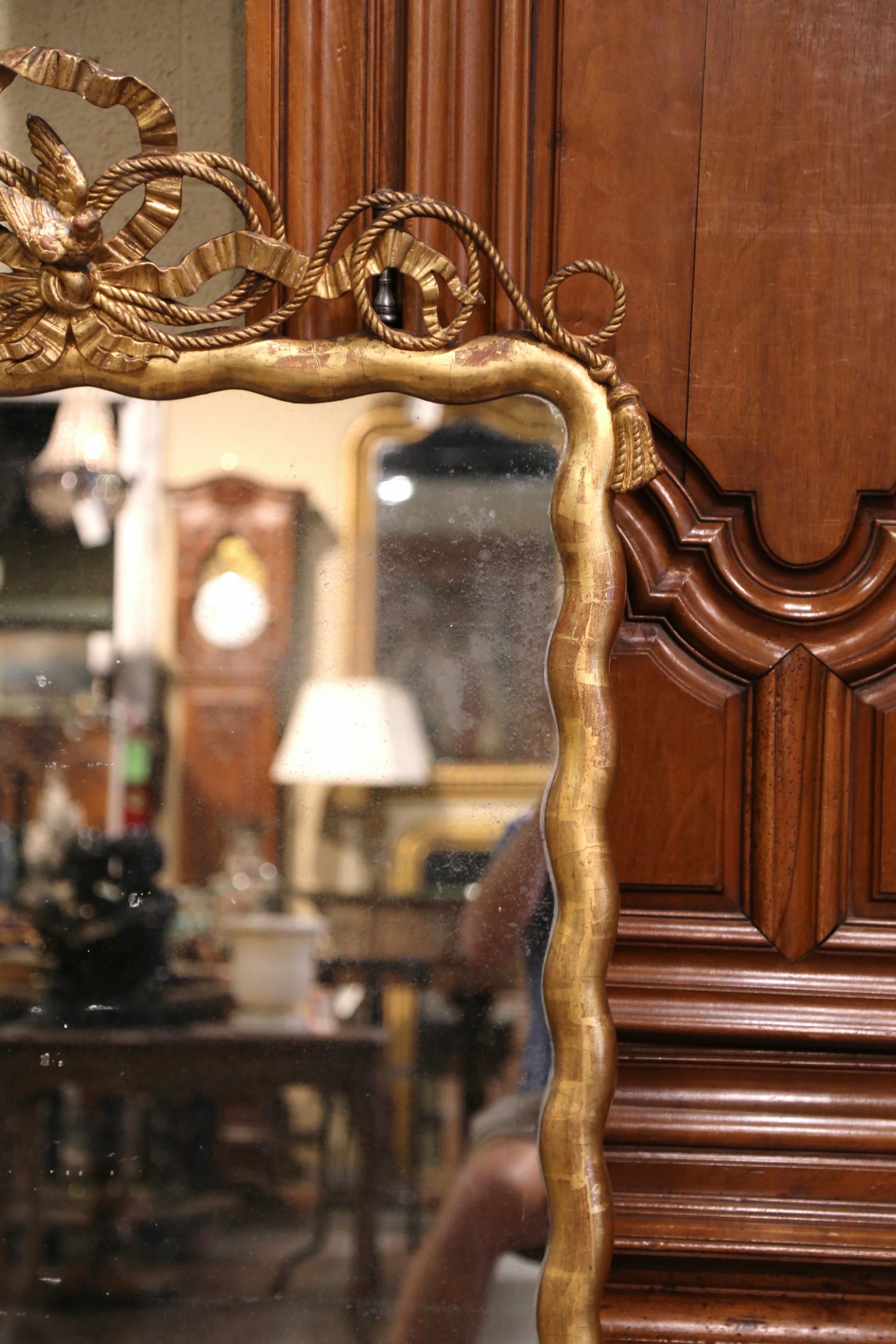 19th Century French Louis XVI Carved Giltwood Mirror with Bird and Rope Decor In Excellent Condition In Dallas, TX