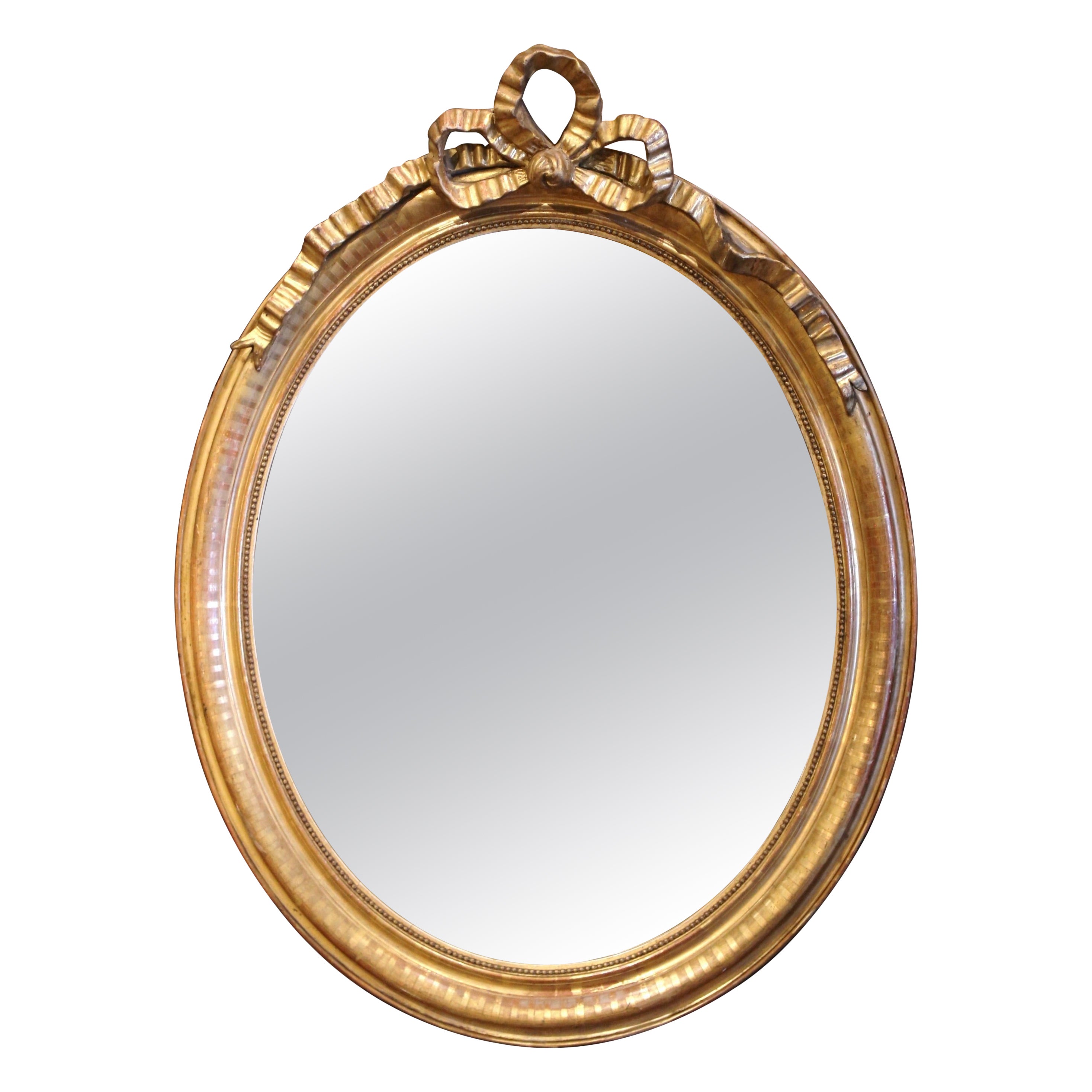 19th Century French Louis XVI Carved Giltwood Oval Wall Mirror