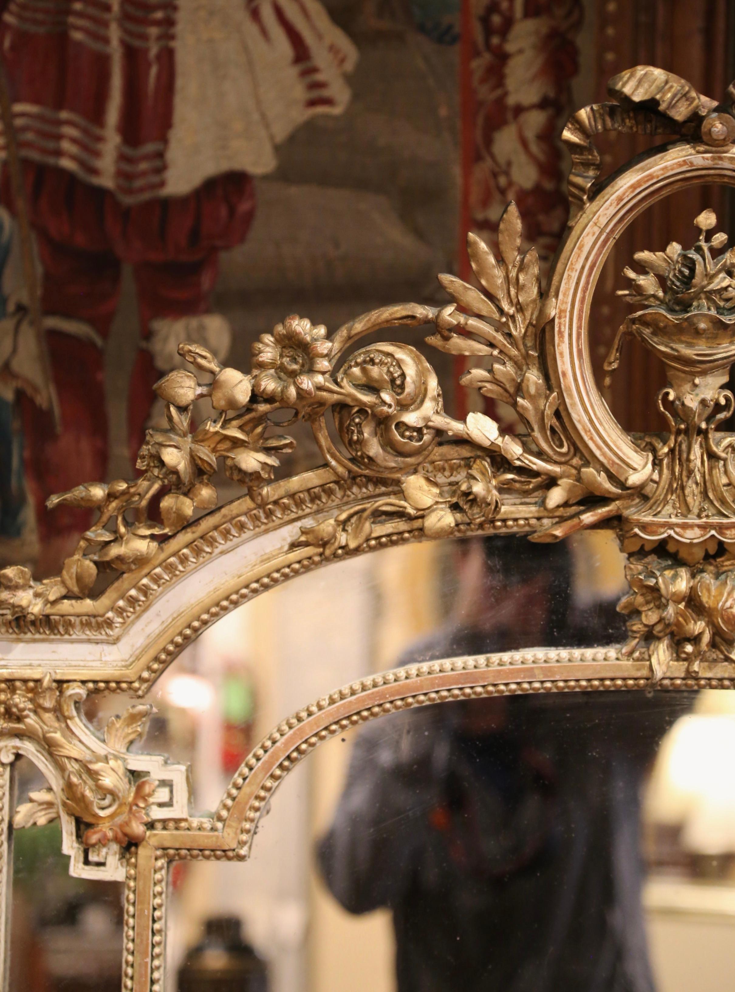 19th Century French Louis XVI Carved Giltwood & Painted Overlay Wall Mirror 1