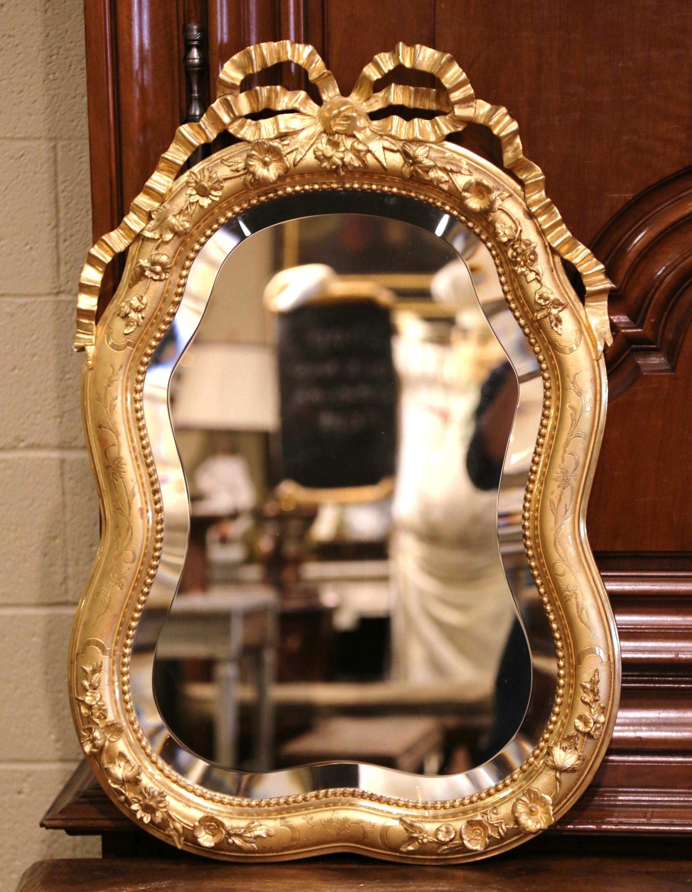 Mercury Glass 19th Century French Louis XVI Carved Giltwood Wall Mirror with Ribbon Bow