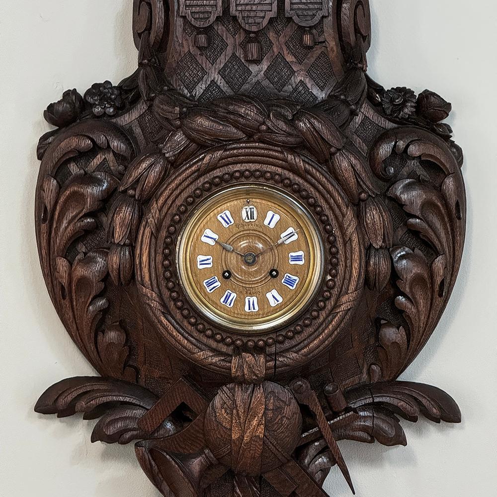 Brass 19th Century French Louis XVI Carved Oak Wall Clock ~ Cartel For Sale