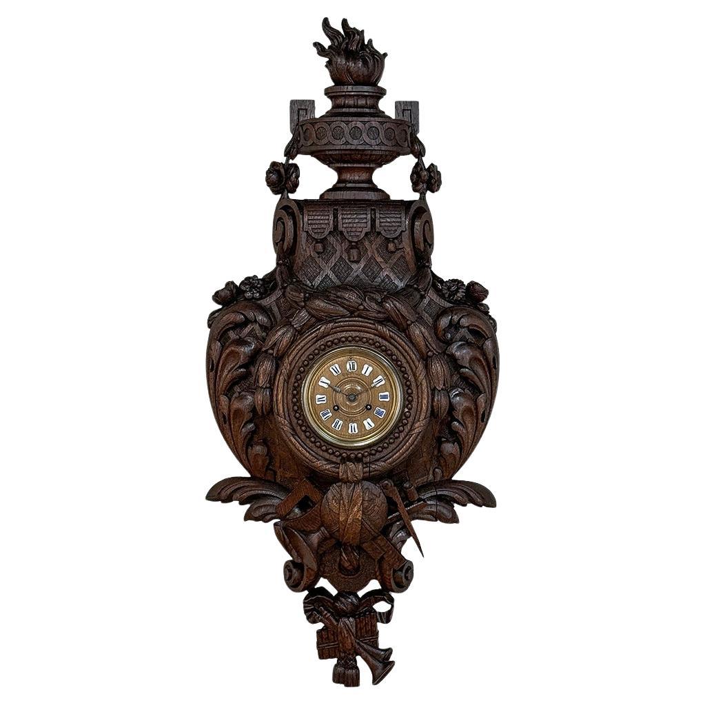 19th Century French Louis XVI Carved Oak Wall Clock ~ Cartel For Sale