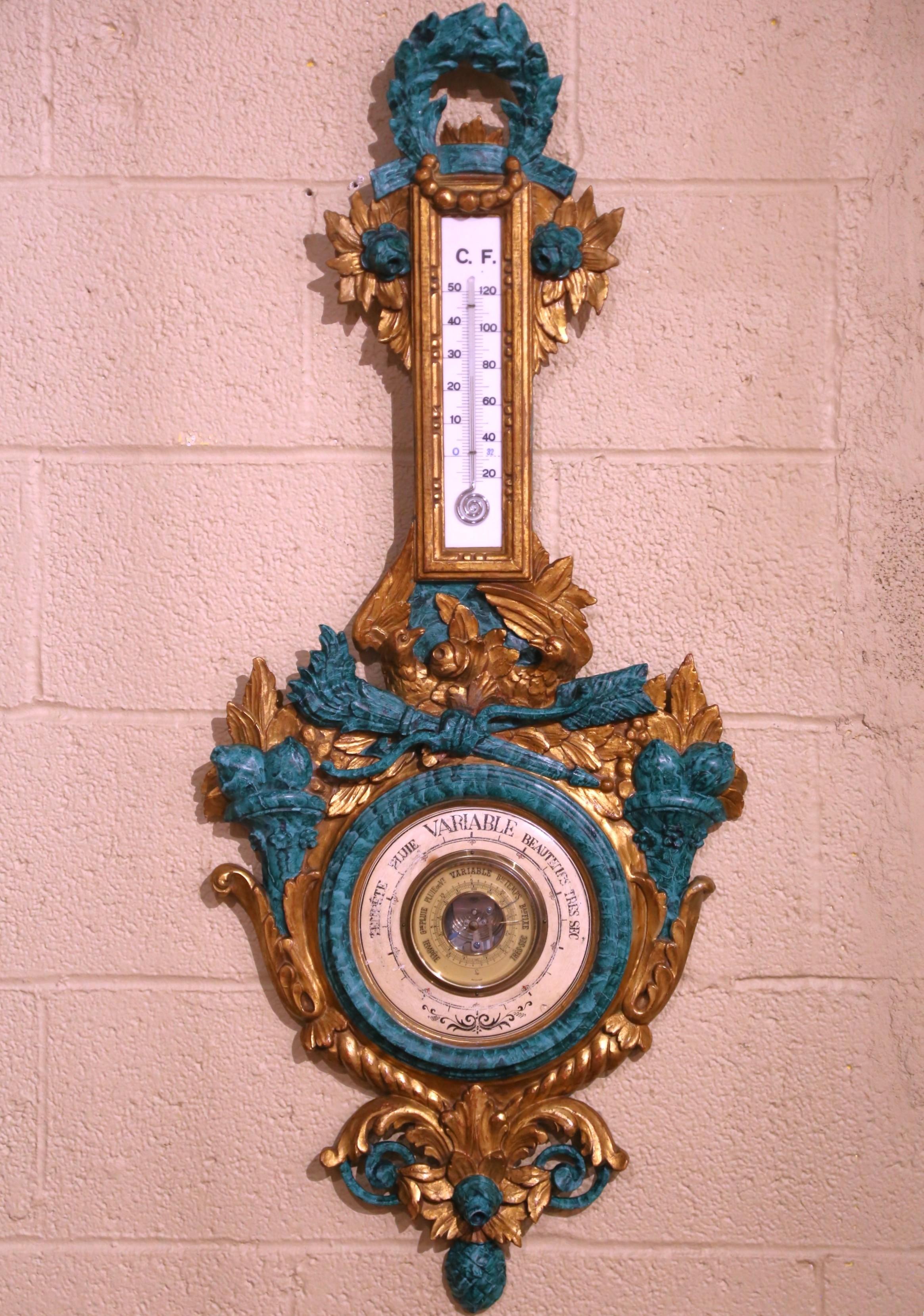 Siglo XIX Termómetro Barómetro Francés Luis XVI Tallado Pintado y Dorado siglo XIX en venta