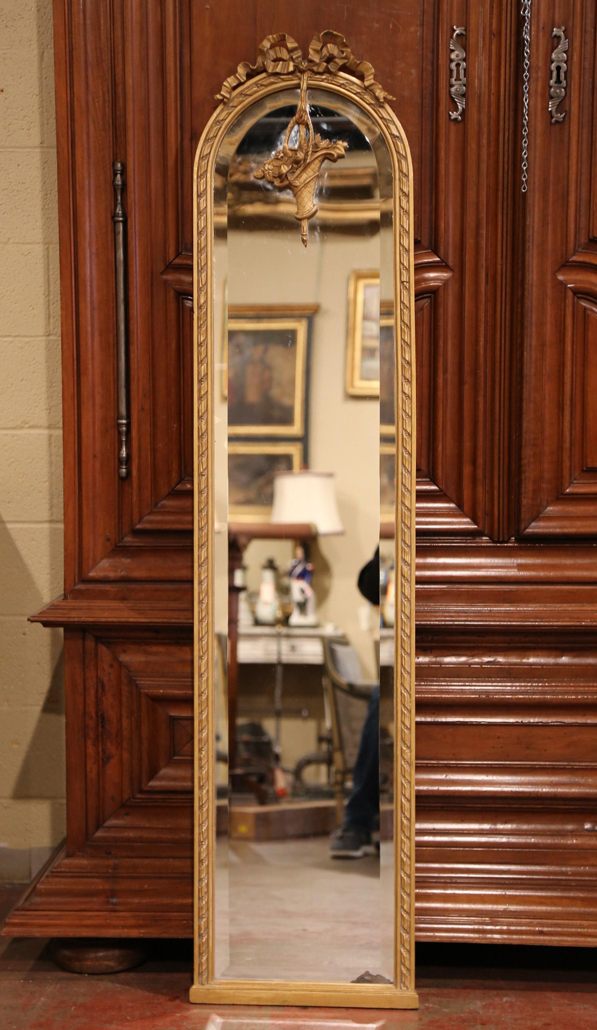 19th Century French Louis XVI Carved Painted and Gilt Full Length Floor Mirror In Excellent Condition In Dallas, TX