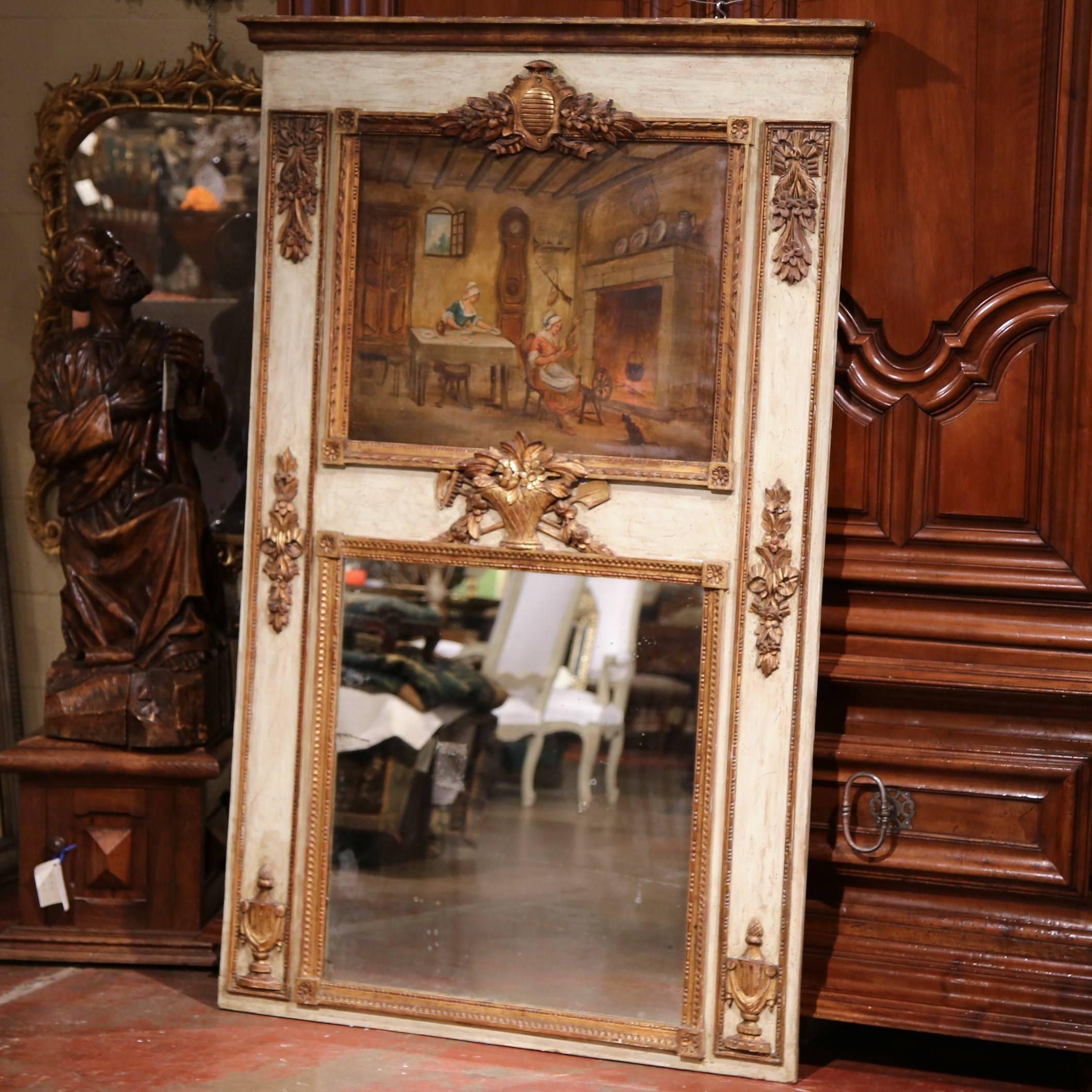 19th Century French Louis XVI Carved Painted and Gilt Wall Trumeau Mirror In Excellent Condition For Sale In Dallas, TX