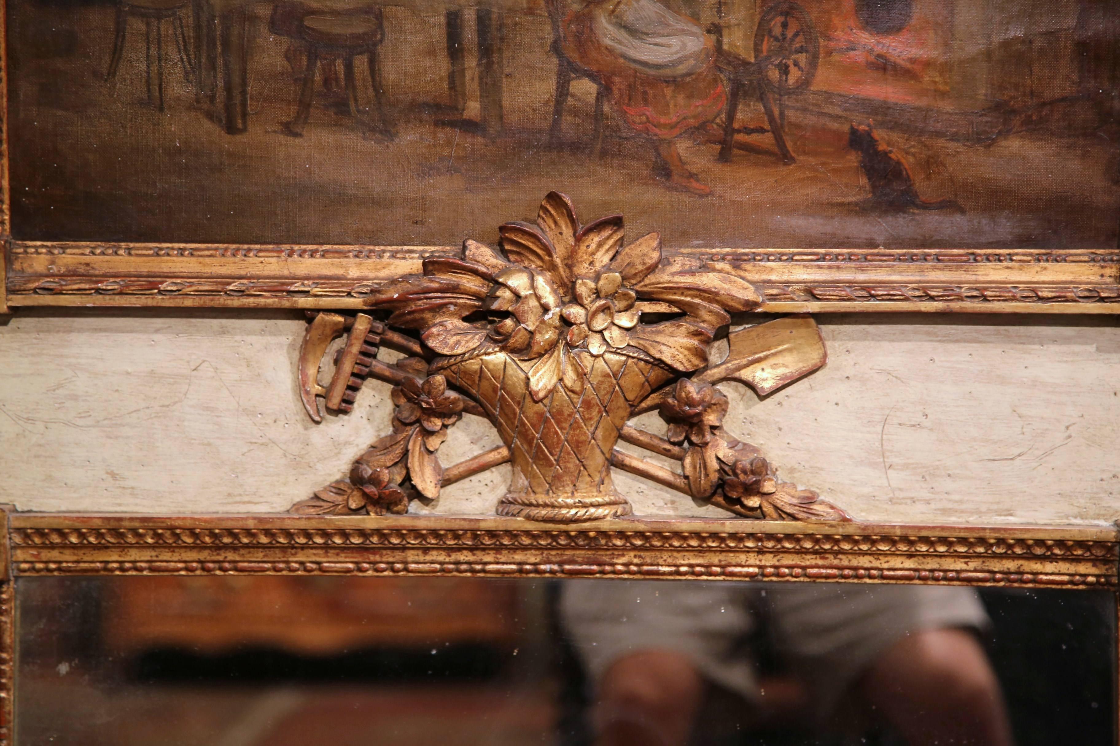 Peint à la main Miroir Trumeau français du 19ème siècle, sculpté, peint et doré en vente