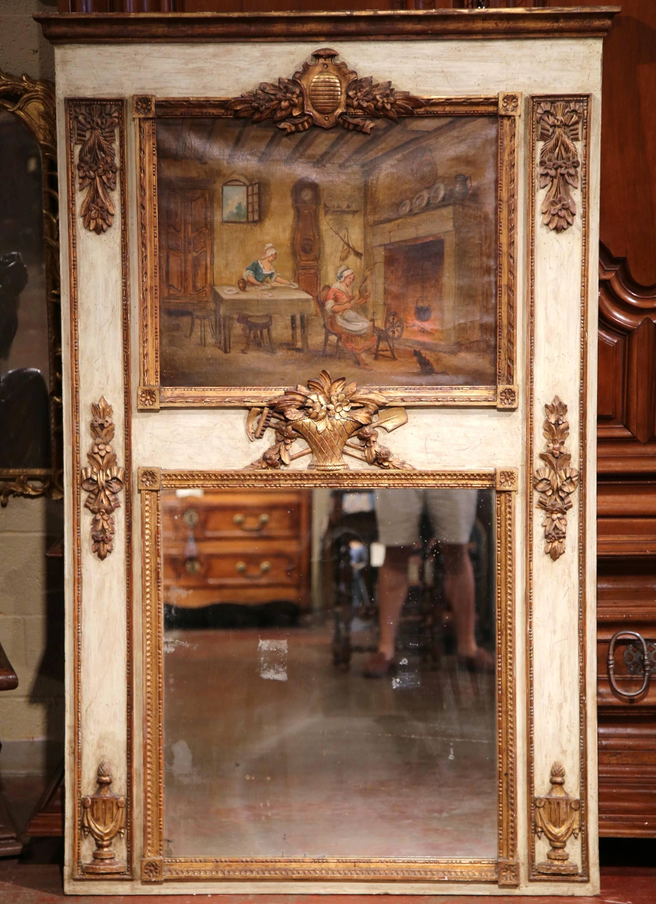 19th Century French Louis XVI Carved Painted and Gilt Wall Trumeau Mirror For Sale 1