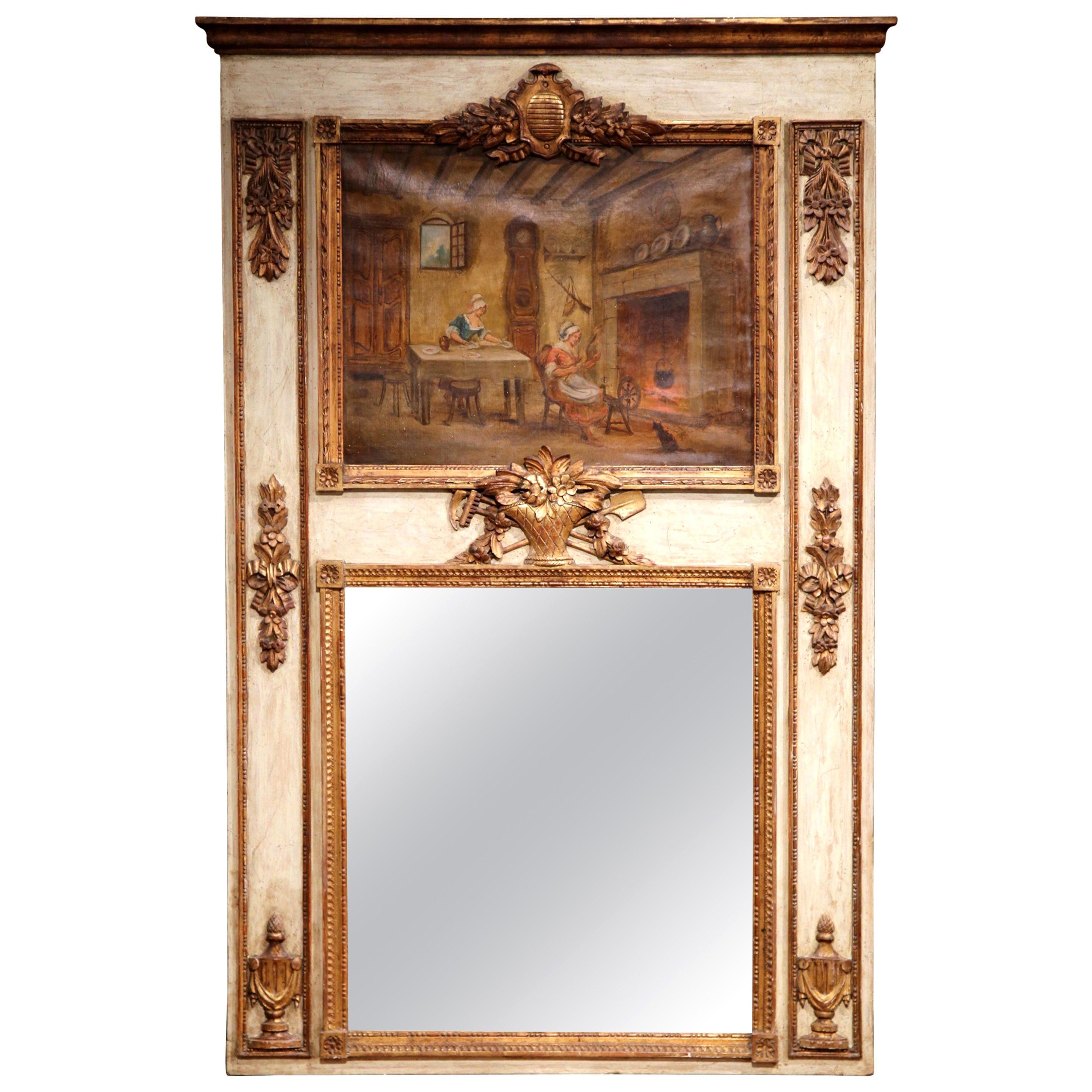 19th Century French Louis XVI Carved Painted and Gilt Wall Trumeau Mirror For Sale