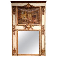 19th Century French Louis XVI Carved Painted and Gilt Wall Trumeau Mirror