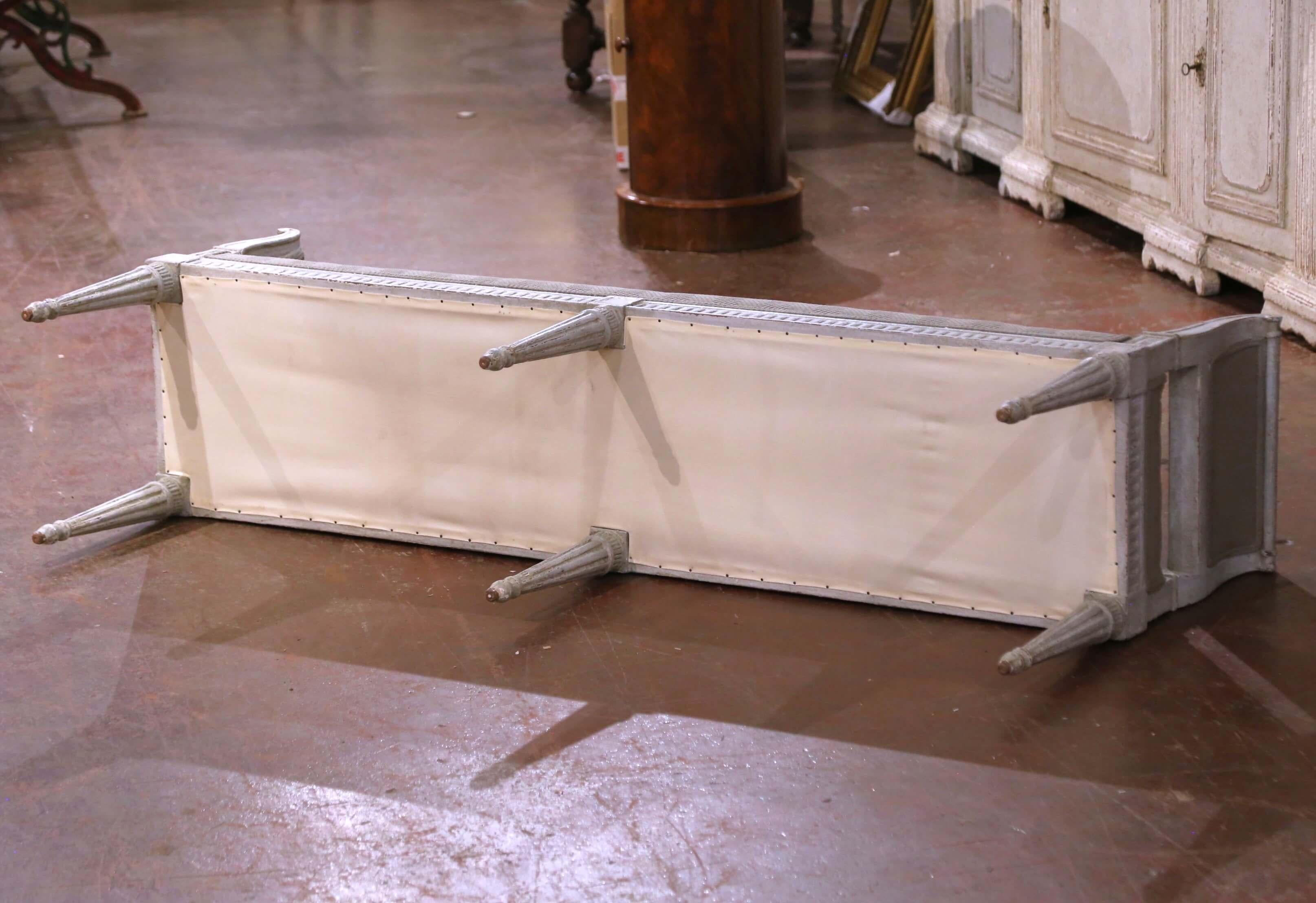 19th Century French Louis XVI Carved Painted Banquette with Sides and Bolsters For Sale 2