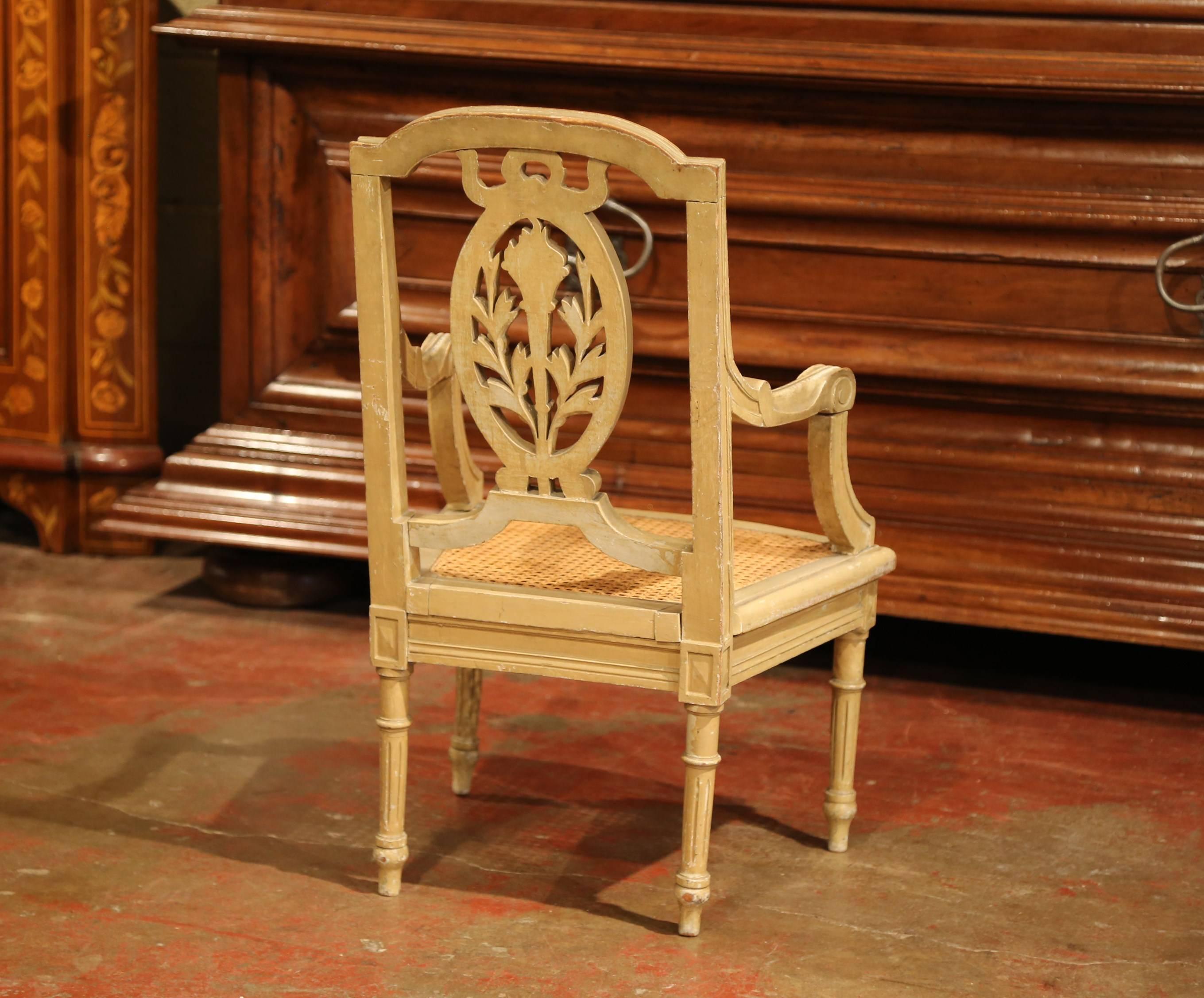 19th Century French Louis XVI Carved Painted Child Armchair with Cane Seat 6