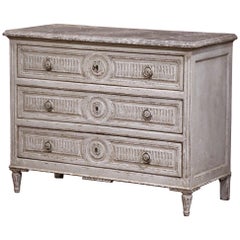19th Century French Louis XVI Carved Painted Commode with Faux Marble Top