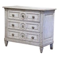 19th Century French Louis XVI Carved Painted Commode with Medallion Drawers