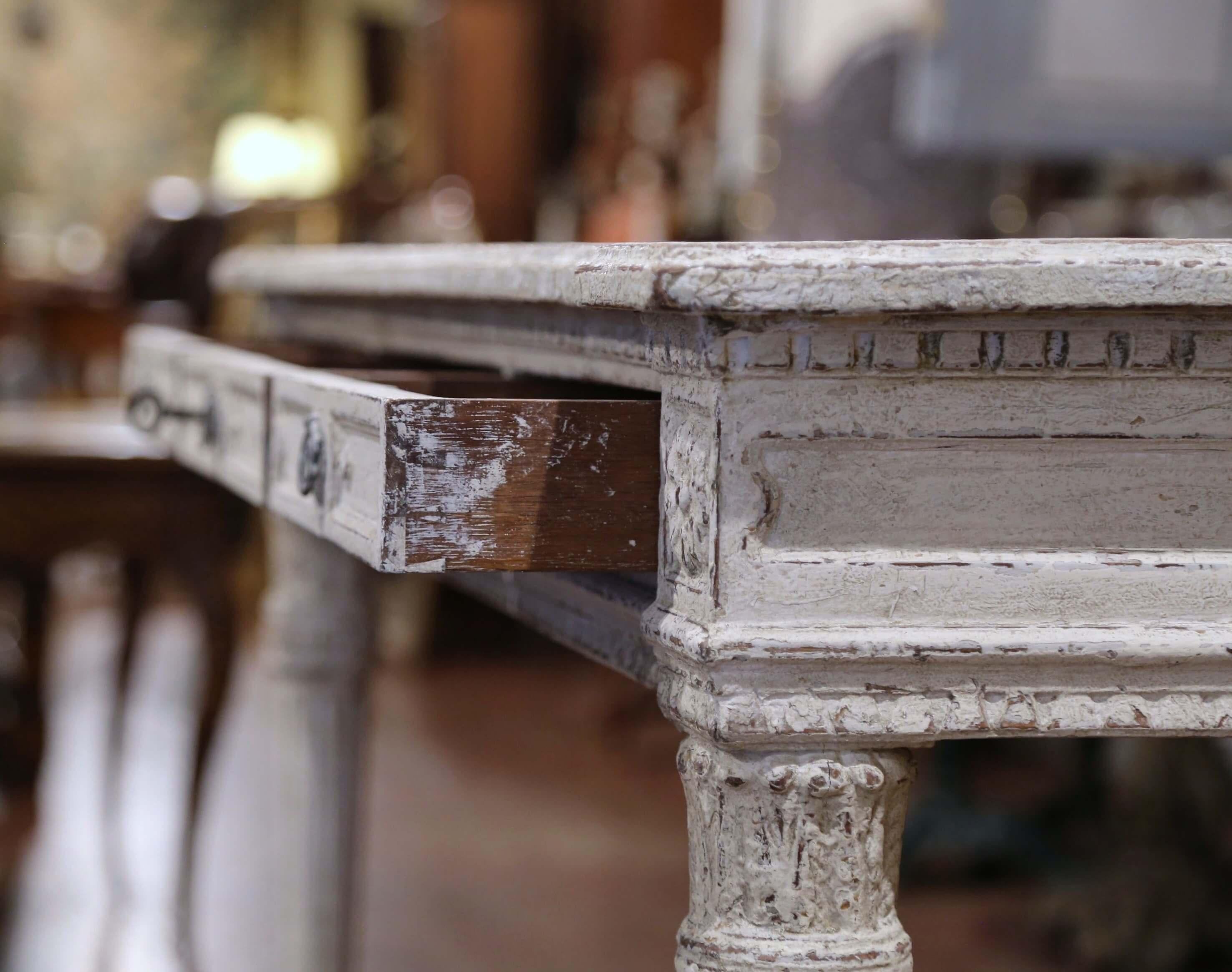 19th Century French Louis XVI Carved Painted Table Console with Faux Marble Top For Sale 5