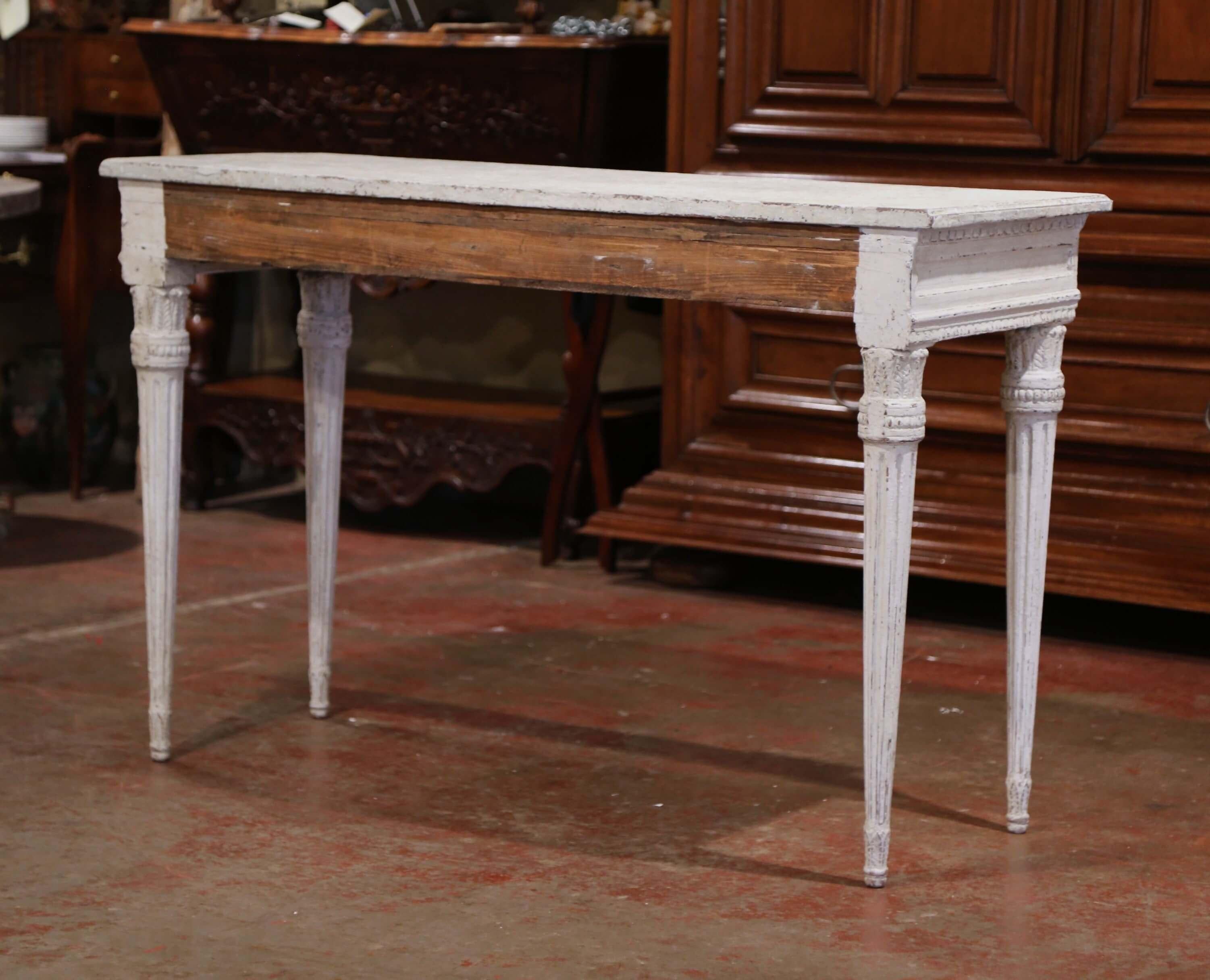 19th Century French Louis XVI Carved Painted Table Console with Faux Marble Top For Sale 7