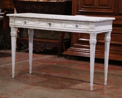 19th Century French Louis XVI Carved Painted Table Console with Faux Marble Top