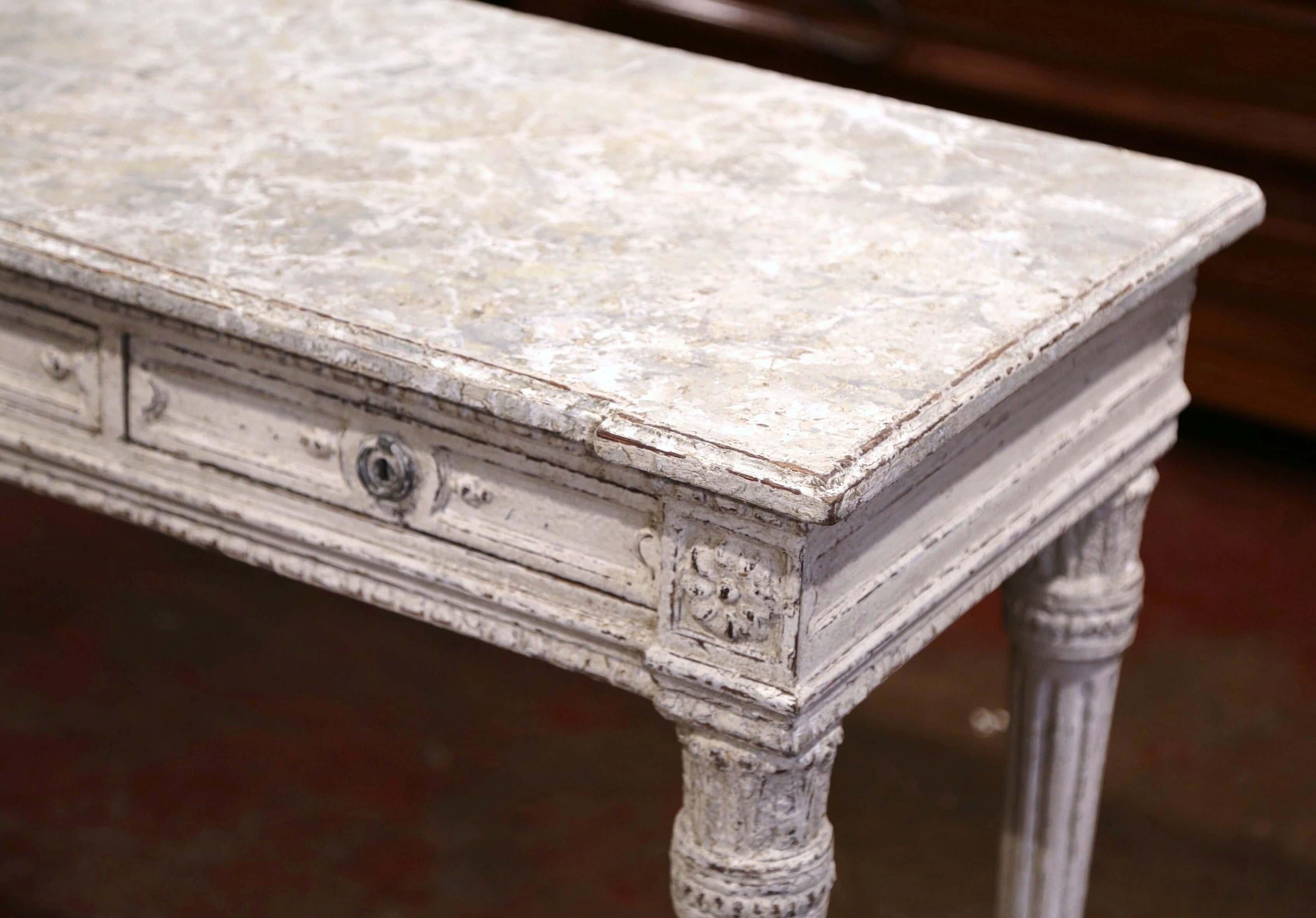 Hand-Painted 19th Century French Louis XVI Carved Painted Table Console with Faux Marble Top For Sale