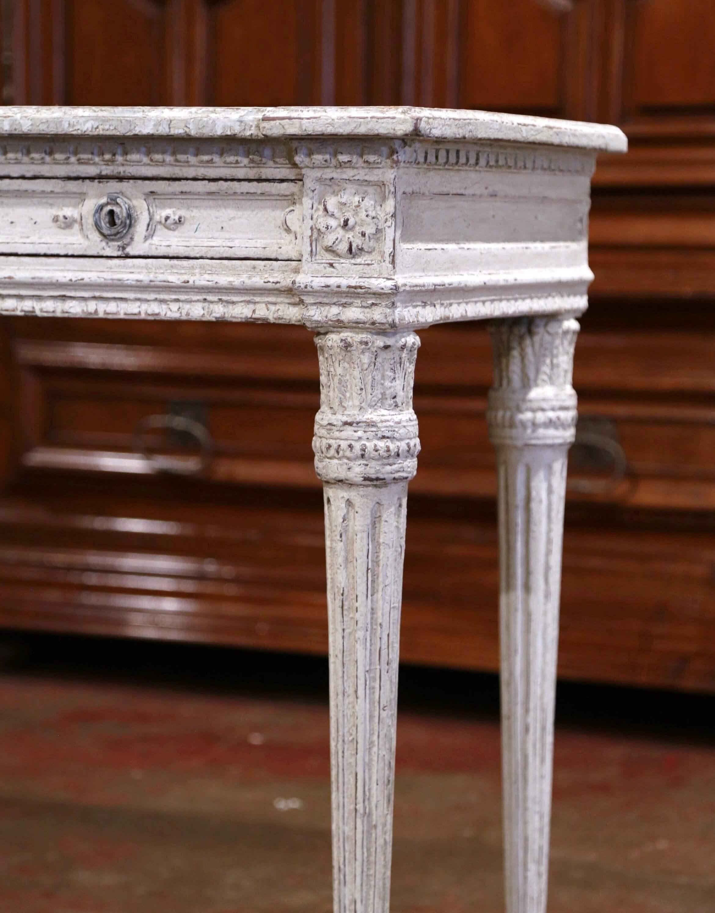 19th Century French Louis XVI Carved Painted Table Console with Faux Marble Top In Excellent Condition For Sale In Dallas, TX
