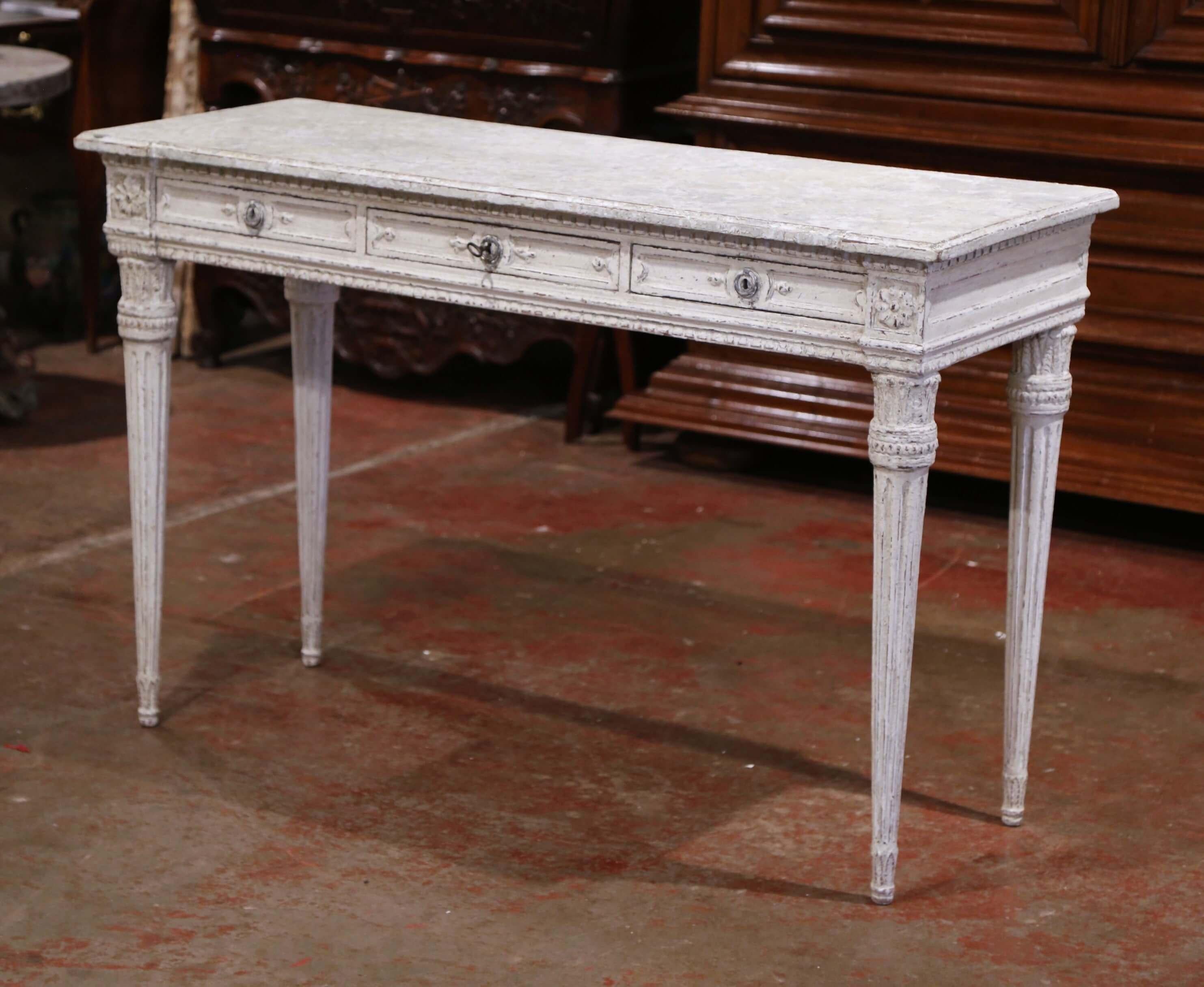 19th Century French Louis XVI Carved Painted Table Console with Faux Marble Top For Sale 1