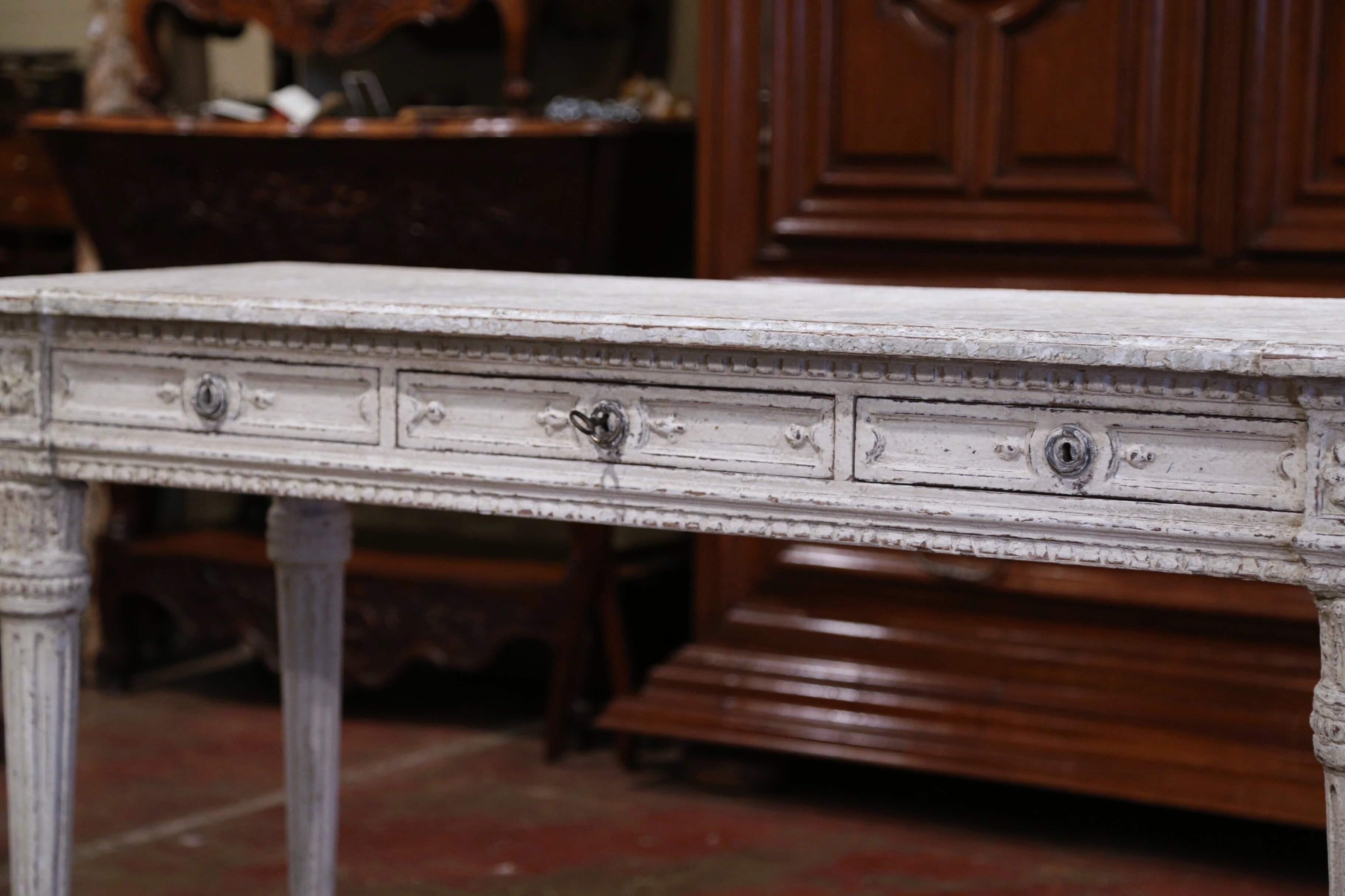 19th Century French Louis XVI Carved Painted Table Console with Faux Marble Top For Sale 2
