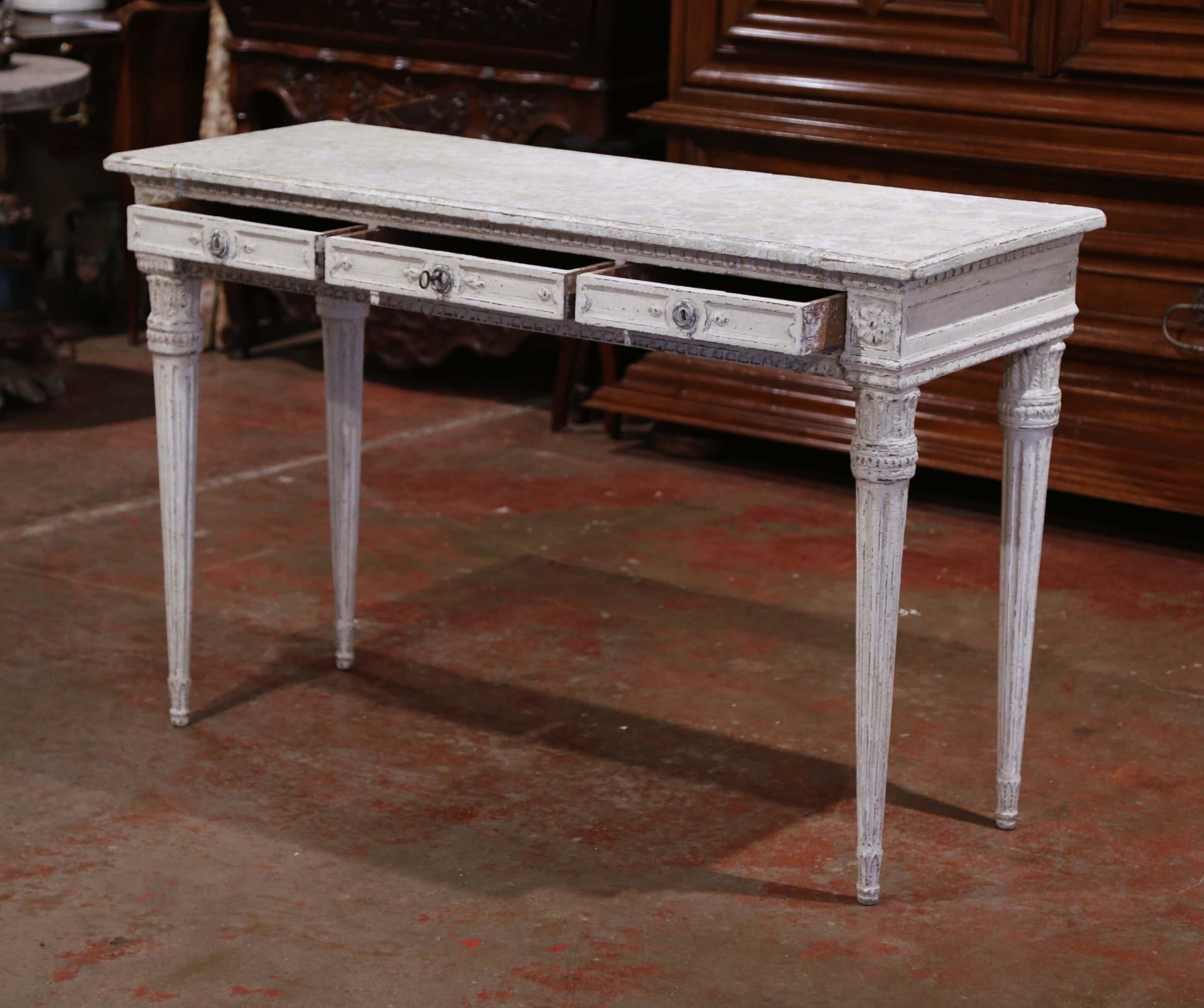 19th Century French Louis XVI Carved Painted Table Console with Faux Marble Top For Sale 3