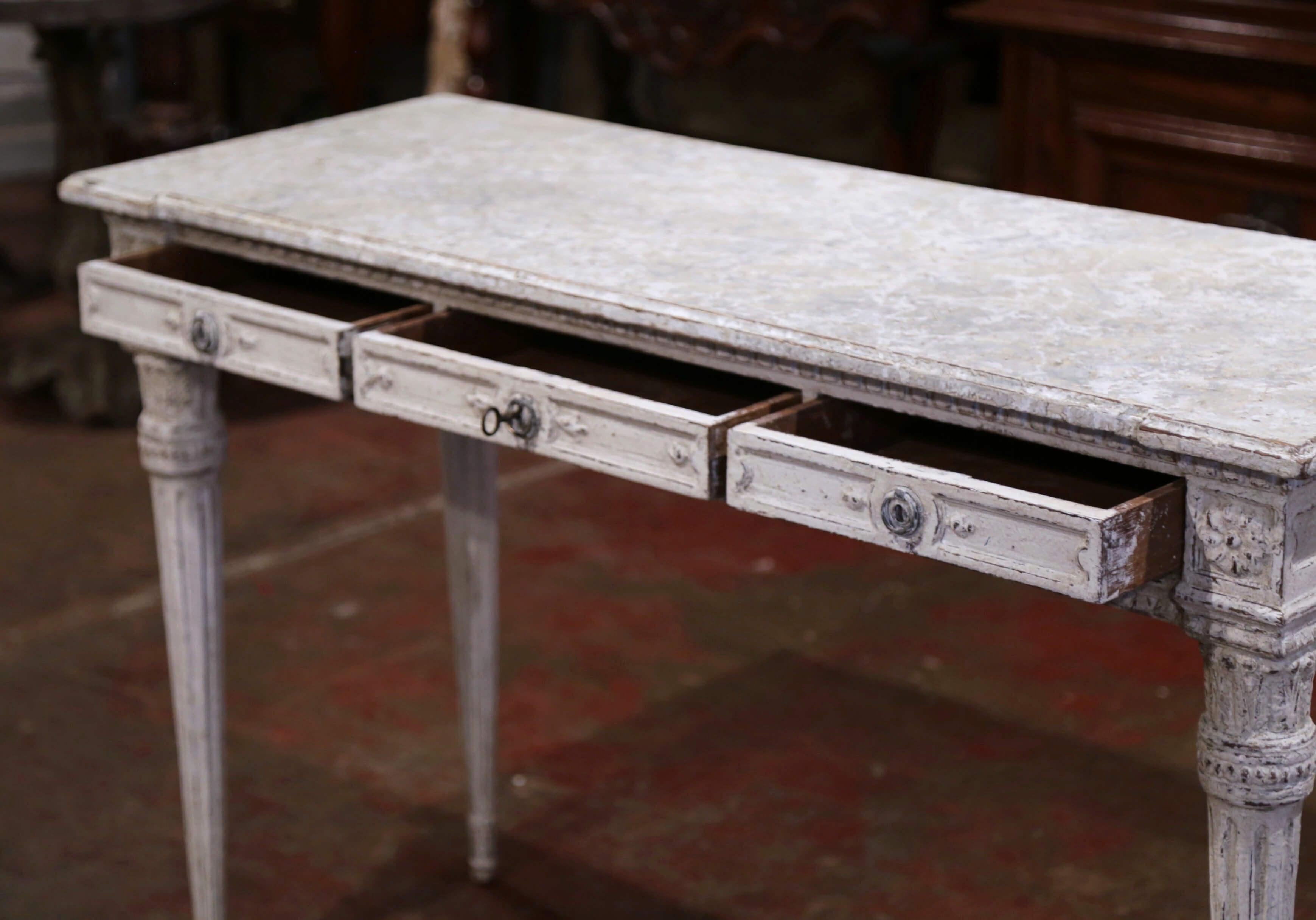 19th Century French Louis XVI Carved Painted Table Console with Faux Marble Top For Sale 4