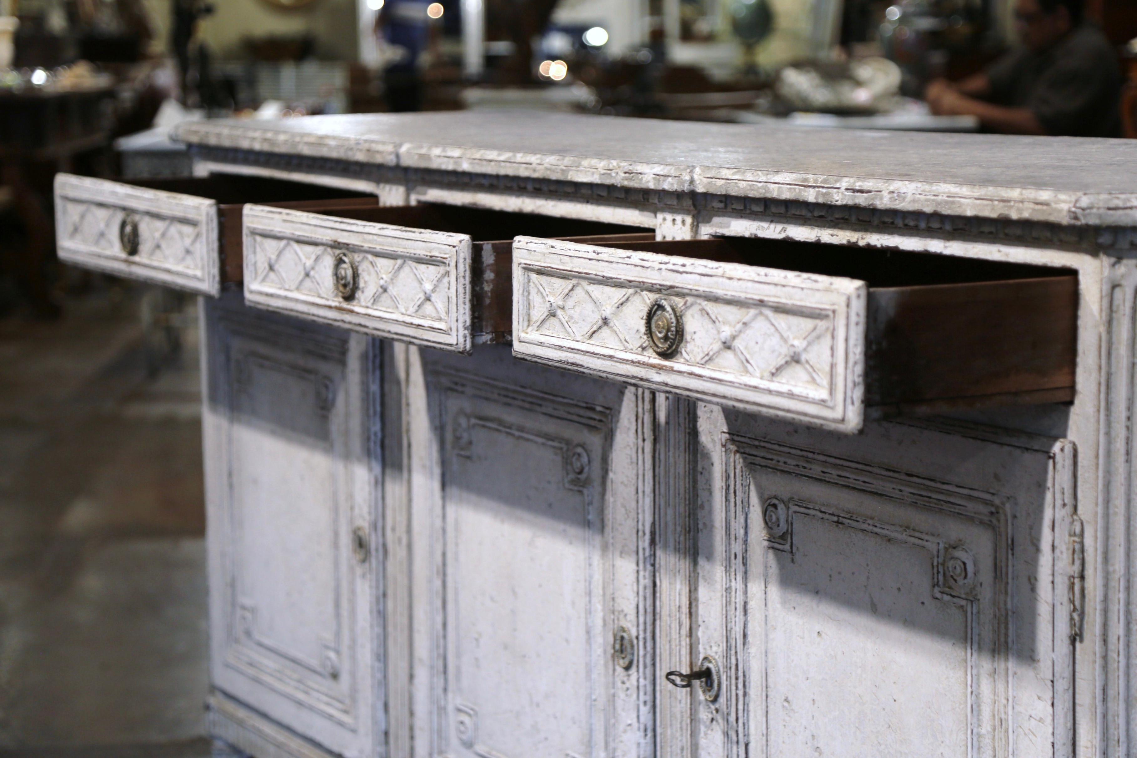 19th Century French Louis XVI Carved Painted Three-Door Buffet with Drawers For Sale 5