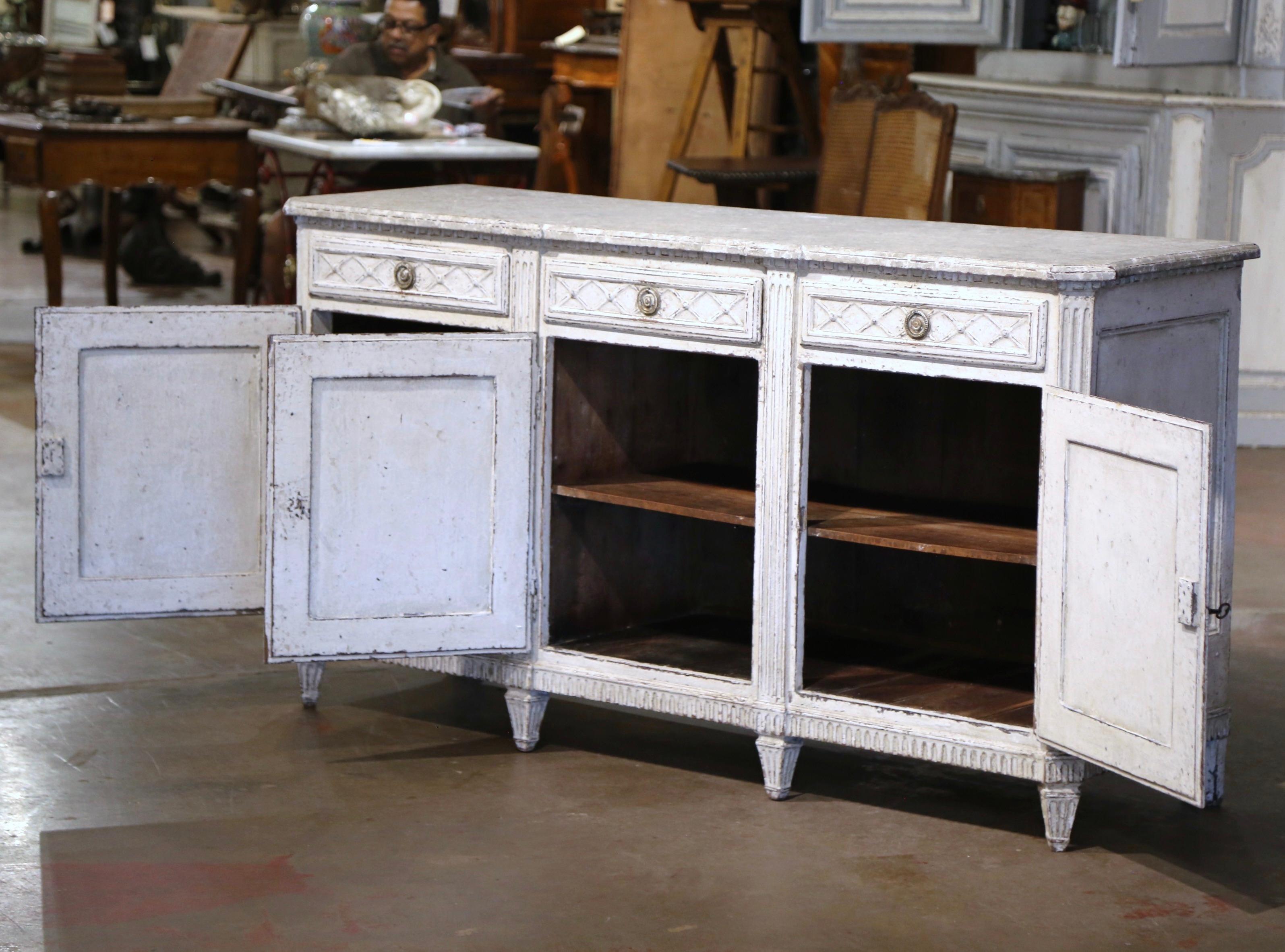 19th Century French Louis XVI Carved Painted Three-Door Buffet with Drawers For Sale 6