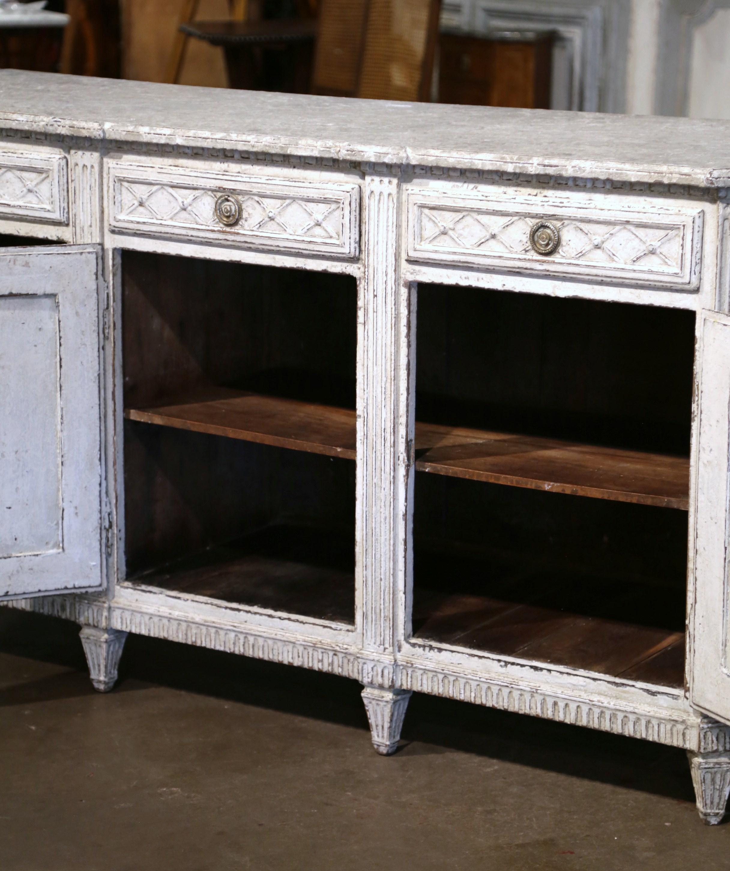 19th Century French Louis XVI Carved Painted Three-Door Buffet with Drawers For Sale 7