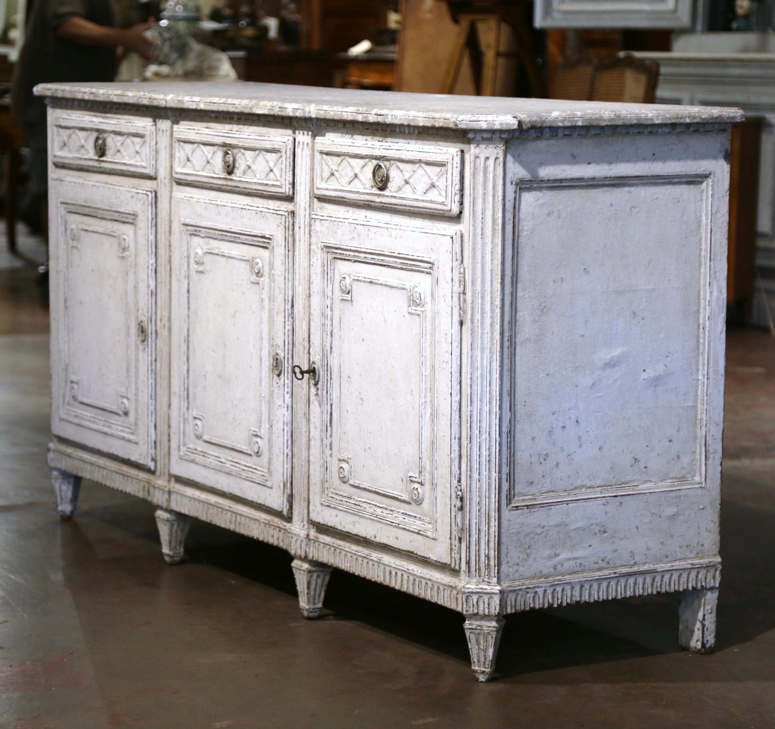 19th Century French Louis XVI Carved Painted Three-Door Buffet with Drawers 8