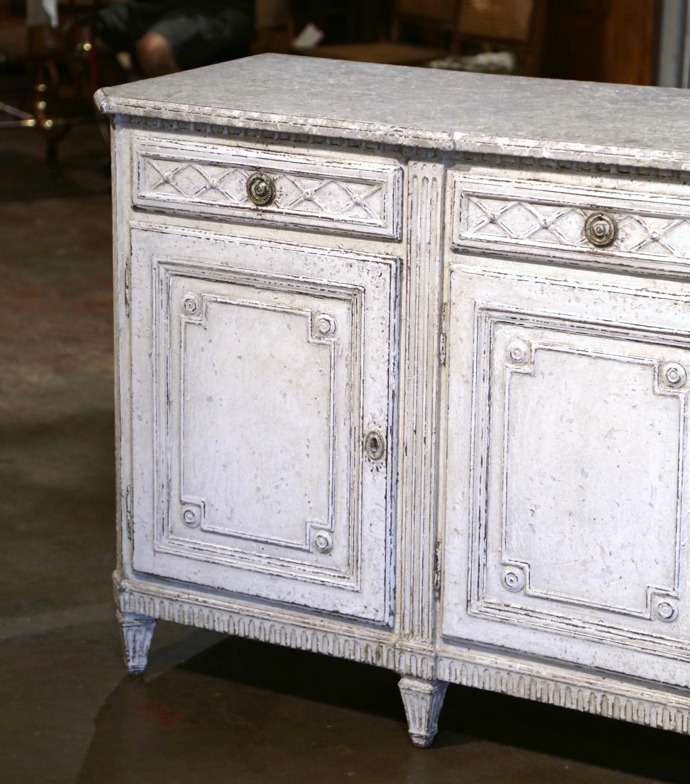 Hand-Painted 19th Century French Louis XVI Carved Painted Three-Door Buffet with Drawers For Sale