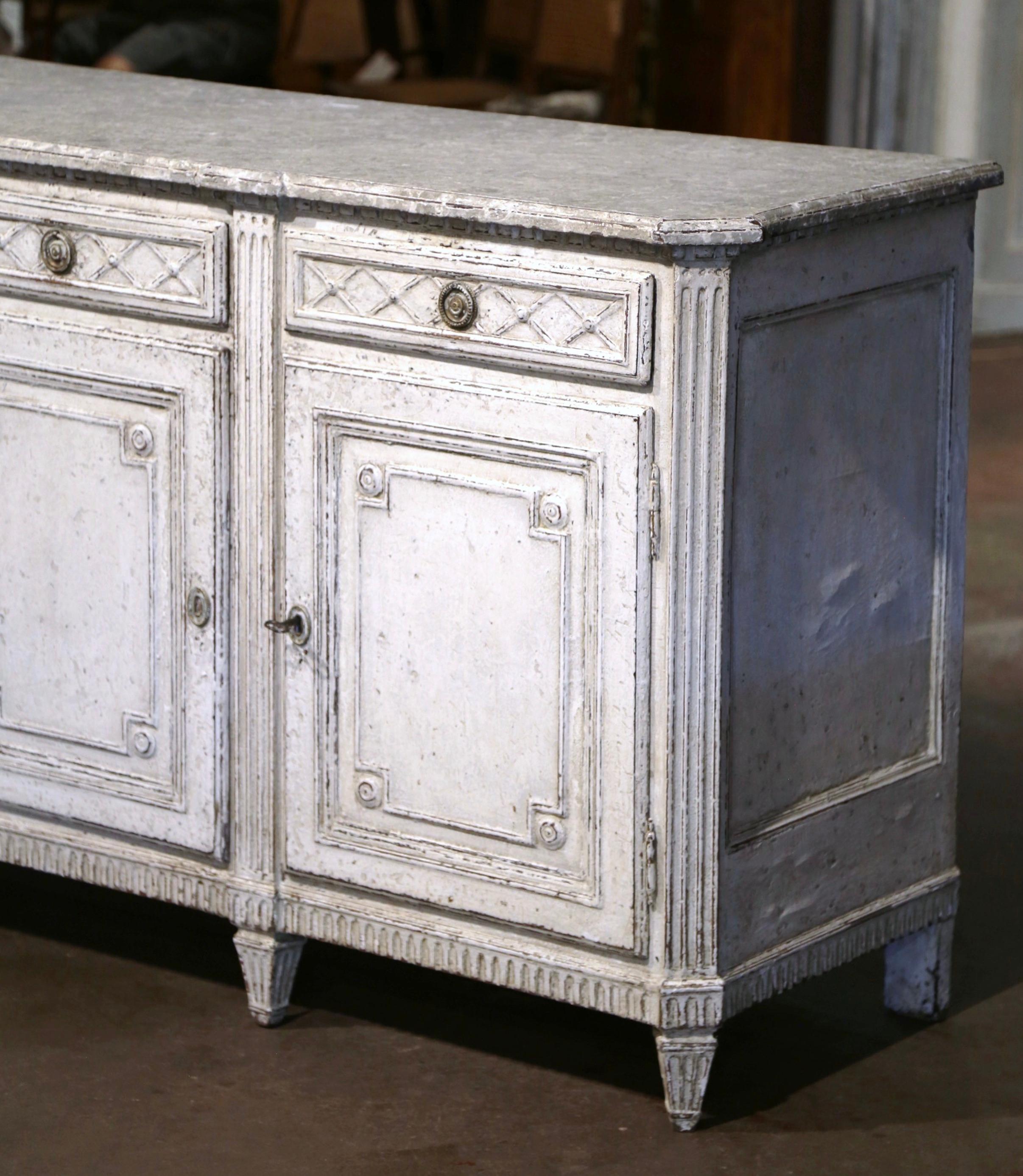 19th Century French Louis XVI Carved Painted Three-Door Buffet with Drawers In Excellent Condition In Dallas, TX