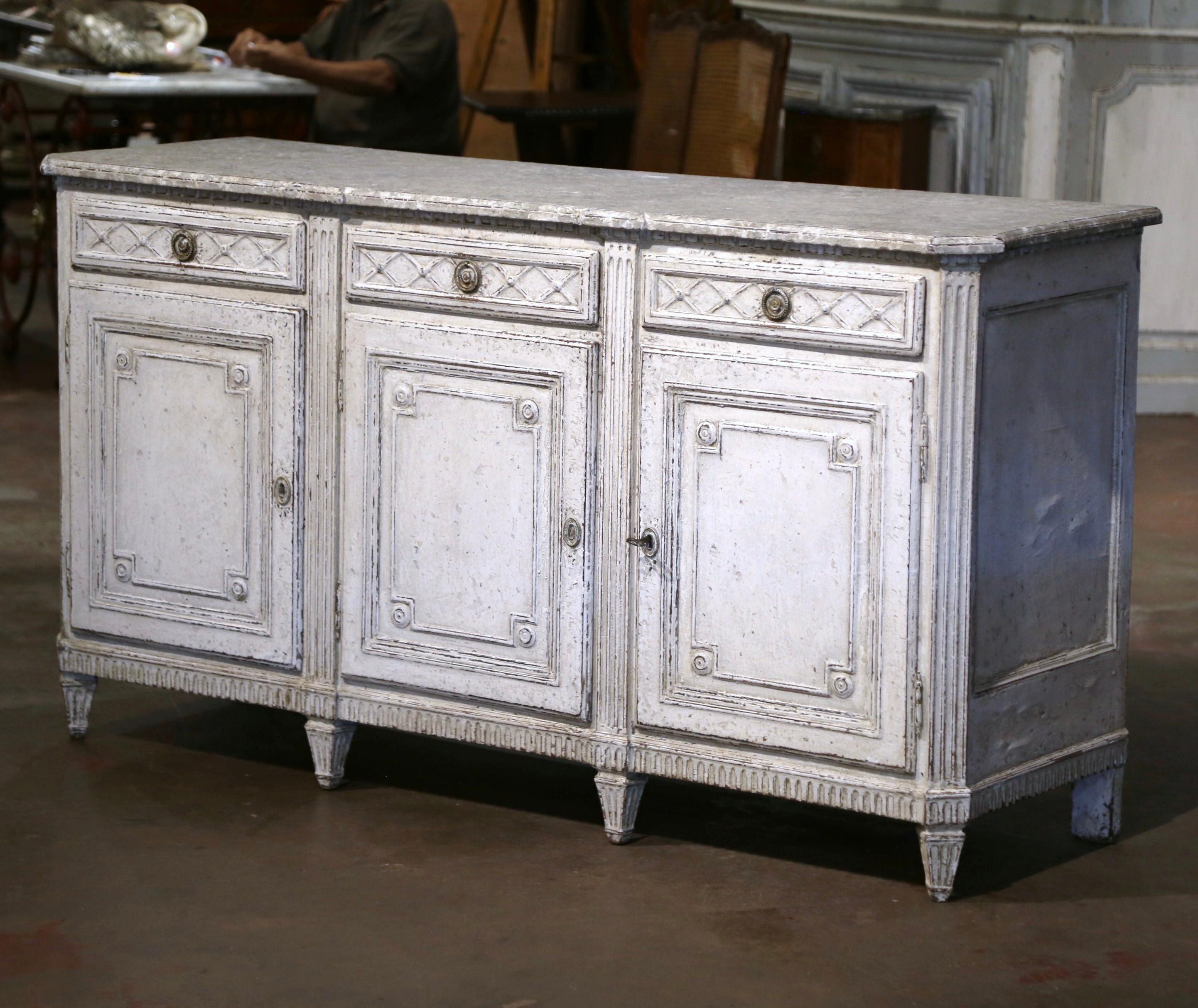 Oak 19th Century French Louis XVI Carved Painted Three-Door Buffet with Drawers For Sale