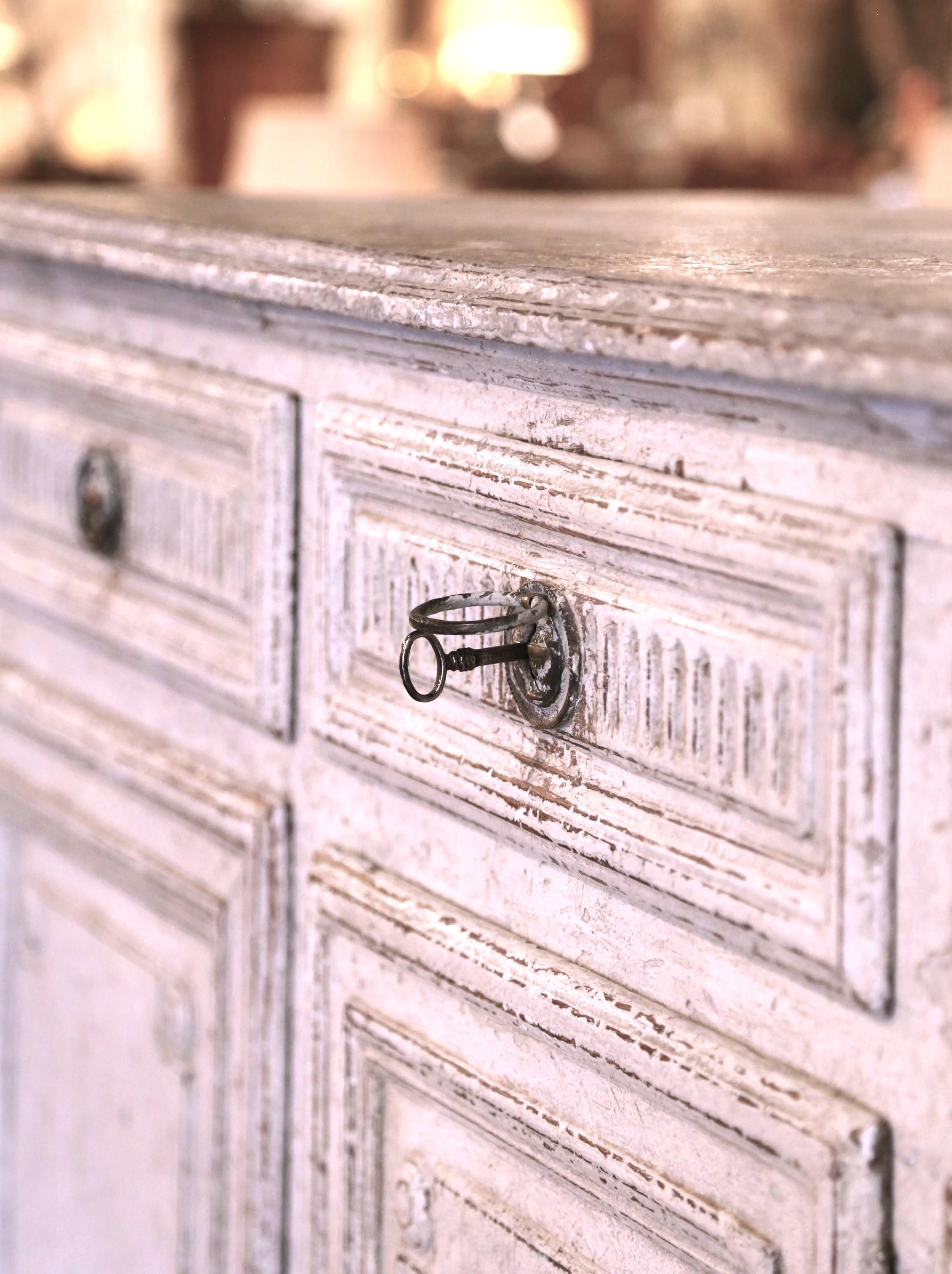 Oak 19th Century French Louis XVI Carved Painted Three-Door Buffet with Drawers For Sale