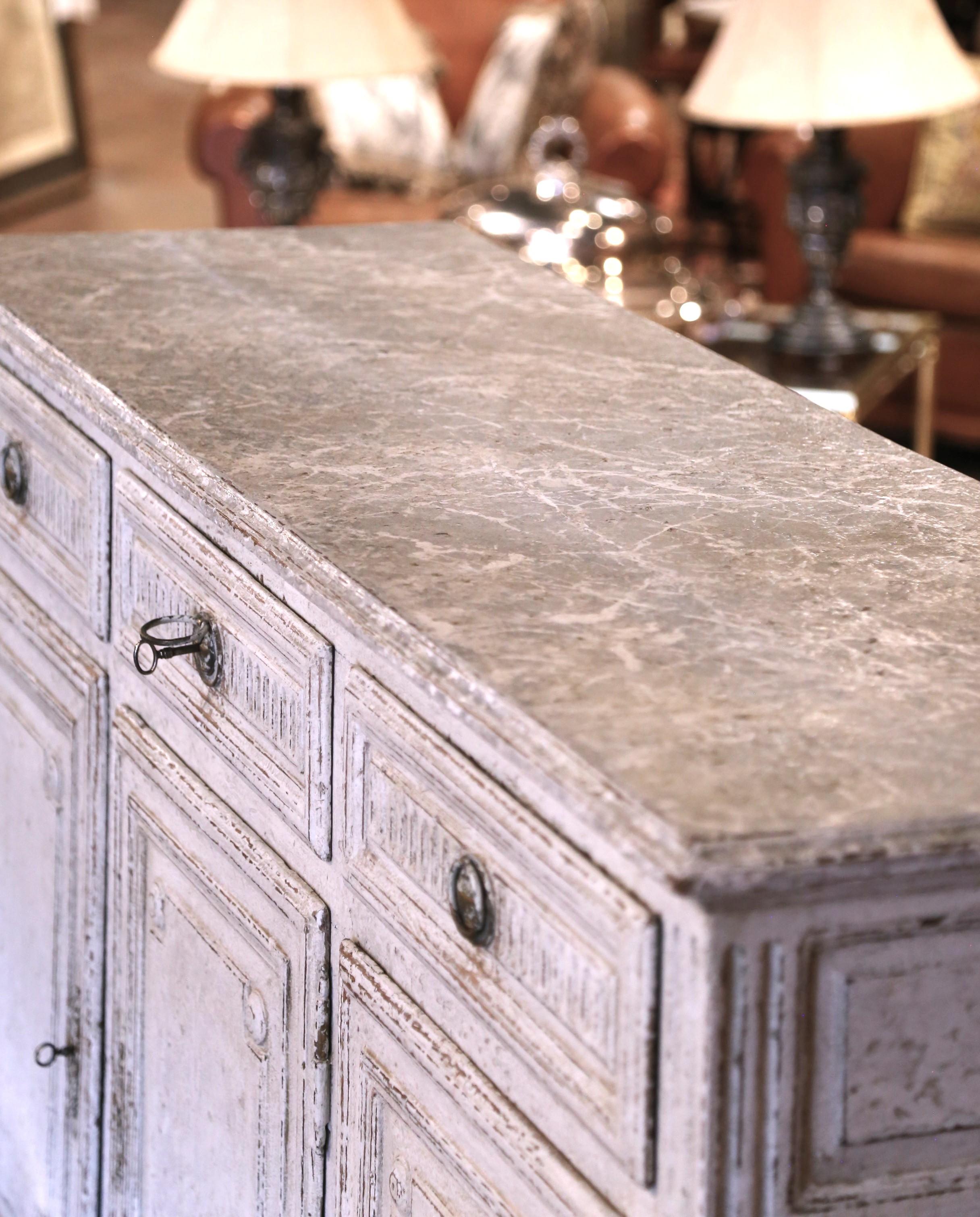 19th Century French Louis XVI Carved Painted Three-Door Buffet with Drawers For Sale 1