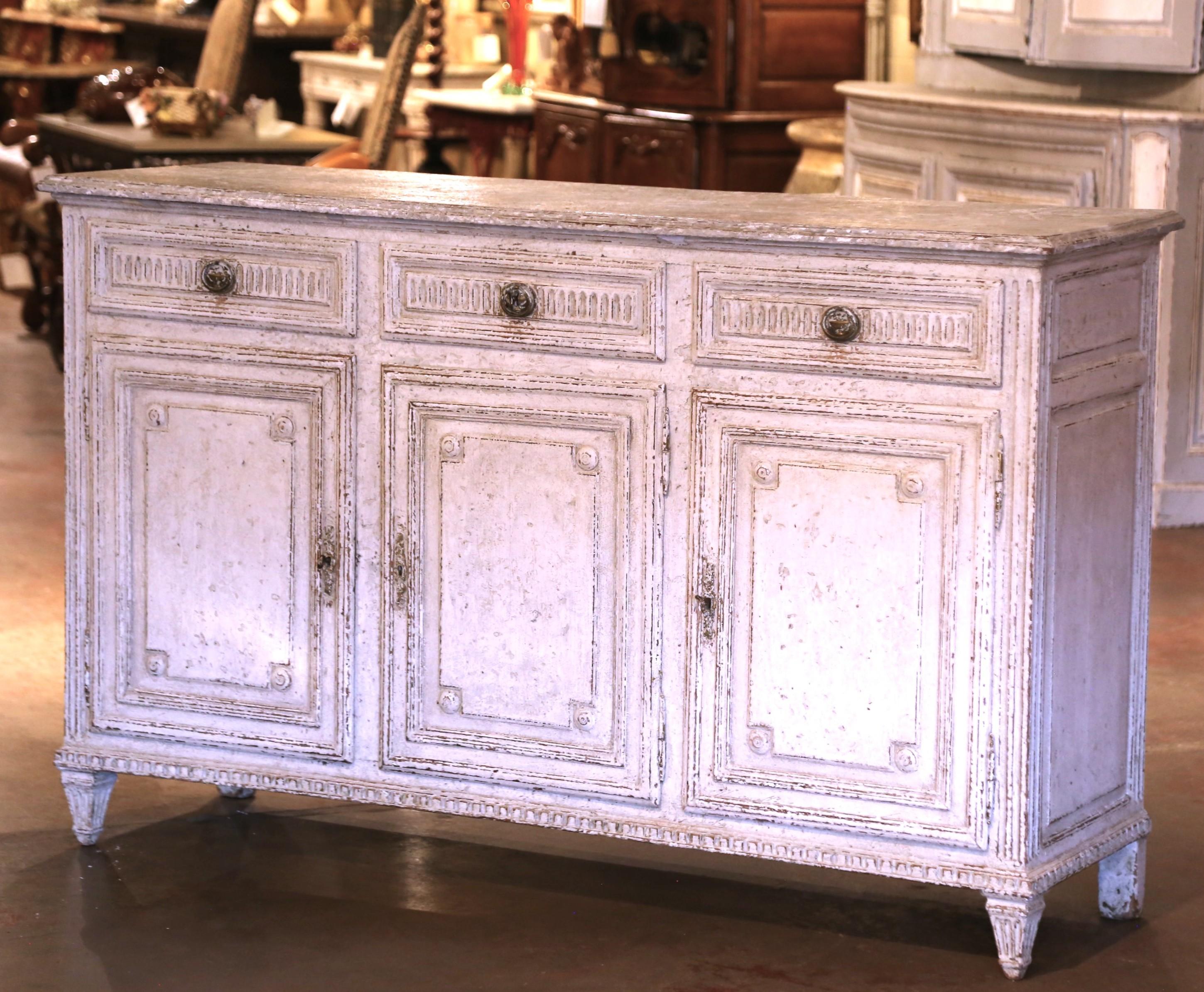 19th Century French Louis XVI Carved Painted Three-Door Buffet with Drawers For Sale 2