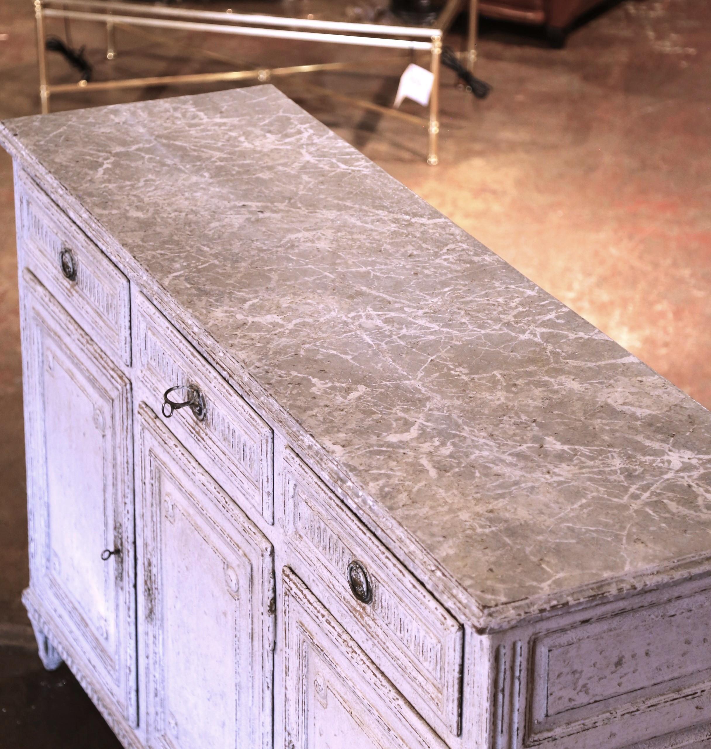 19th Century French Louis XVI Carved Painted Three-Door Buffet with Drawers For Sale 3