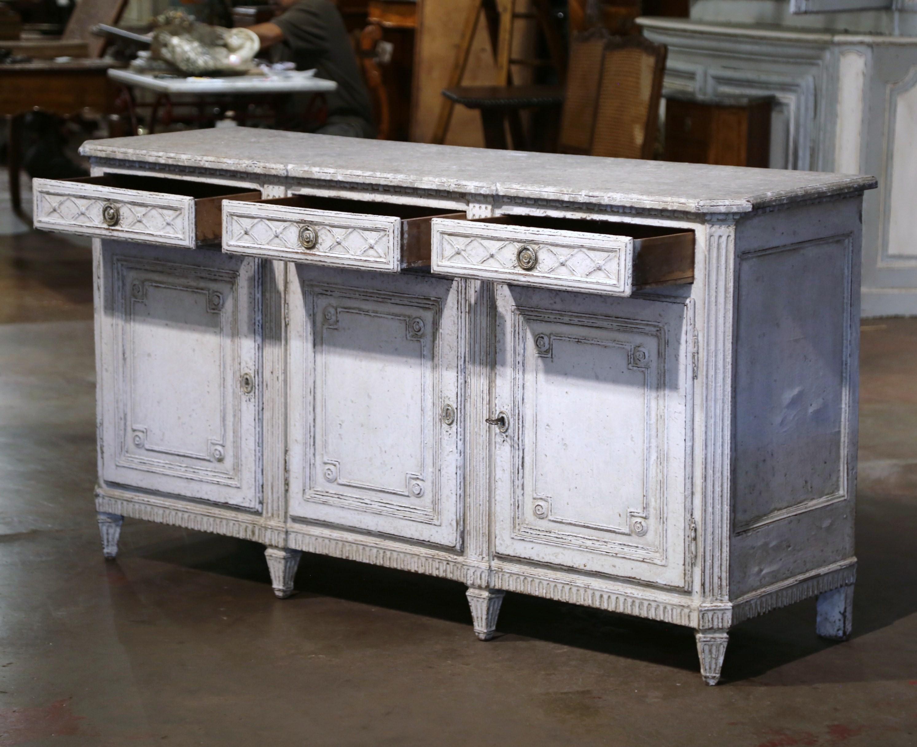 19th Century French Louis XVI Carved Painted Three-Door Buffet with Drawers 4