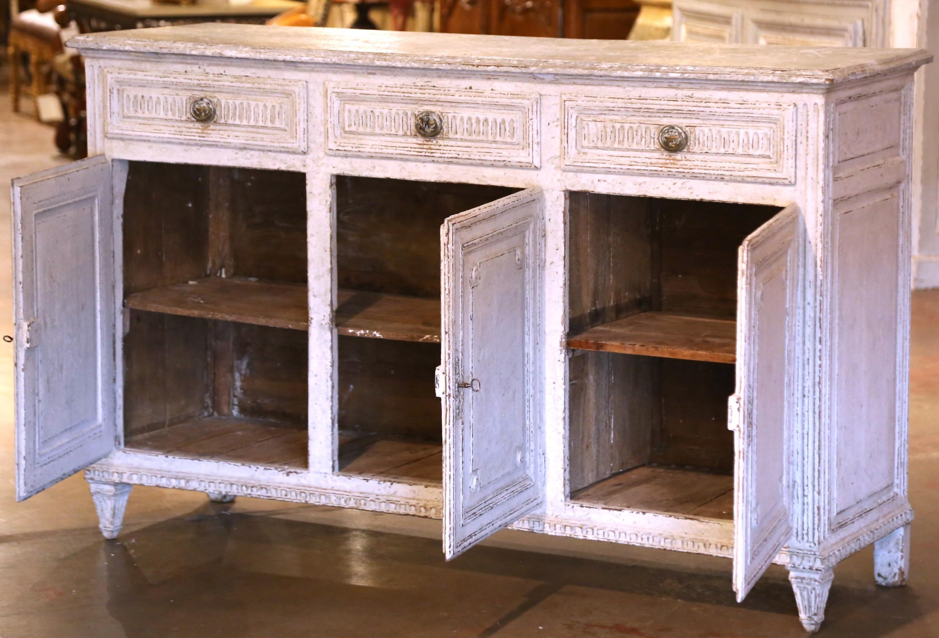 19th Century French Louis XVI Carved Painted Three-Door Buffet with Drawers For Sale 4