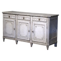 19th Century French Louis XVI Carved Painted Three-Door Buffet with Drawers