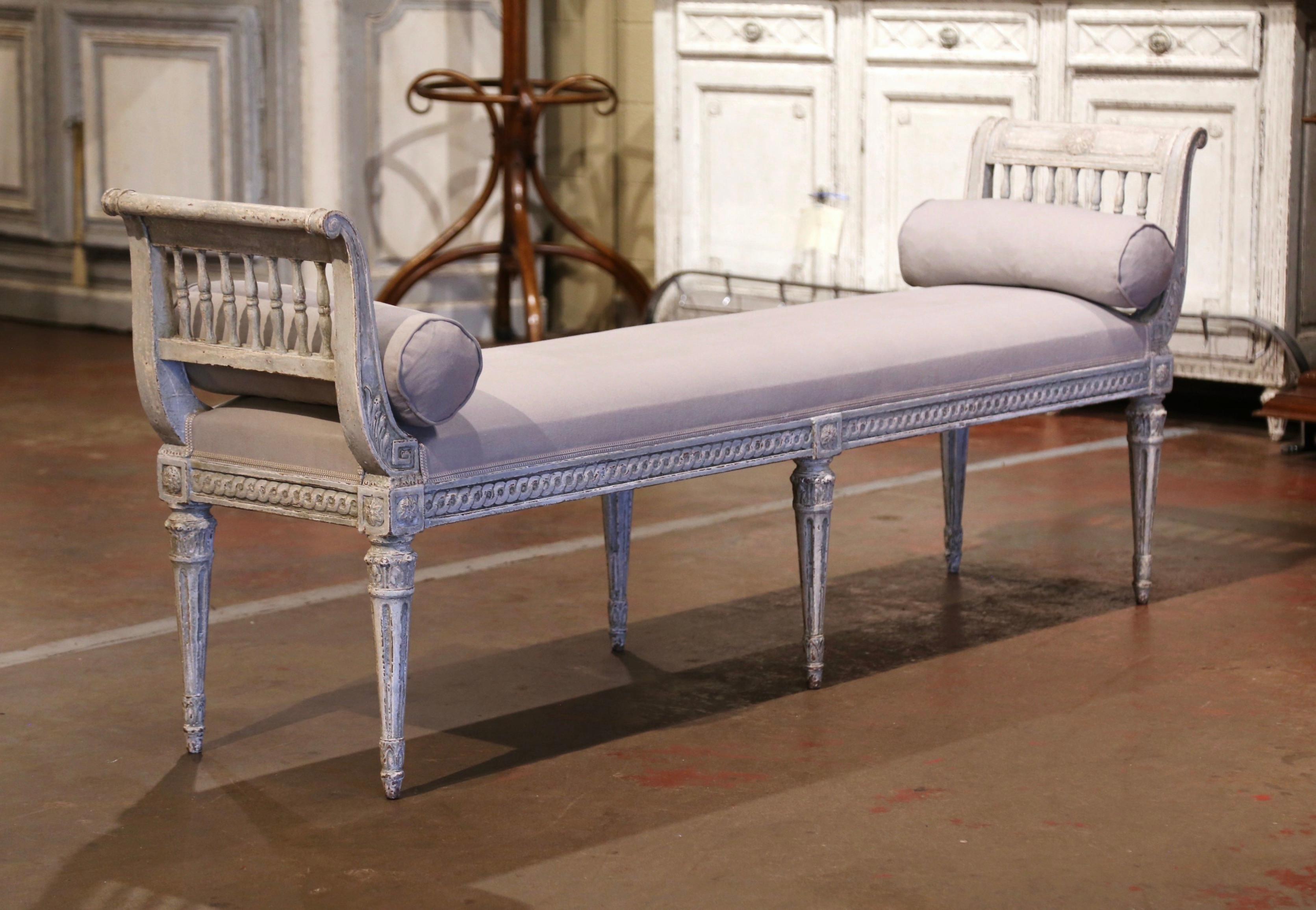 19th Century French Louis XVI Carved Painted Upholstered Banquette with Back 5
