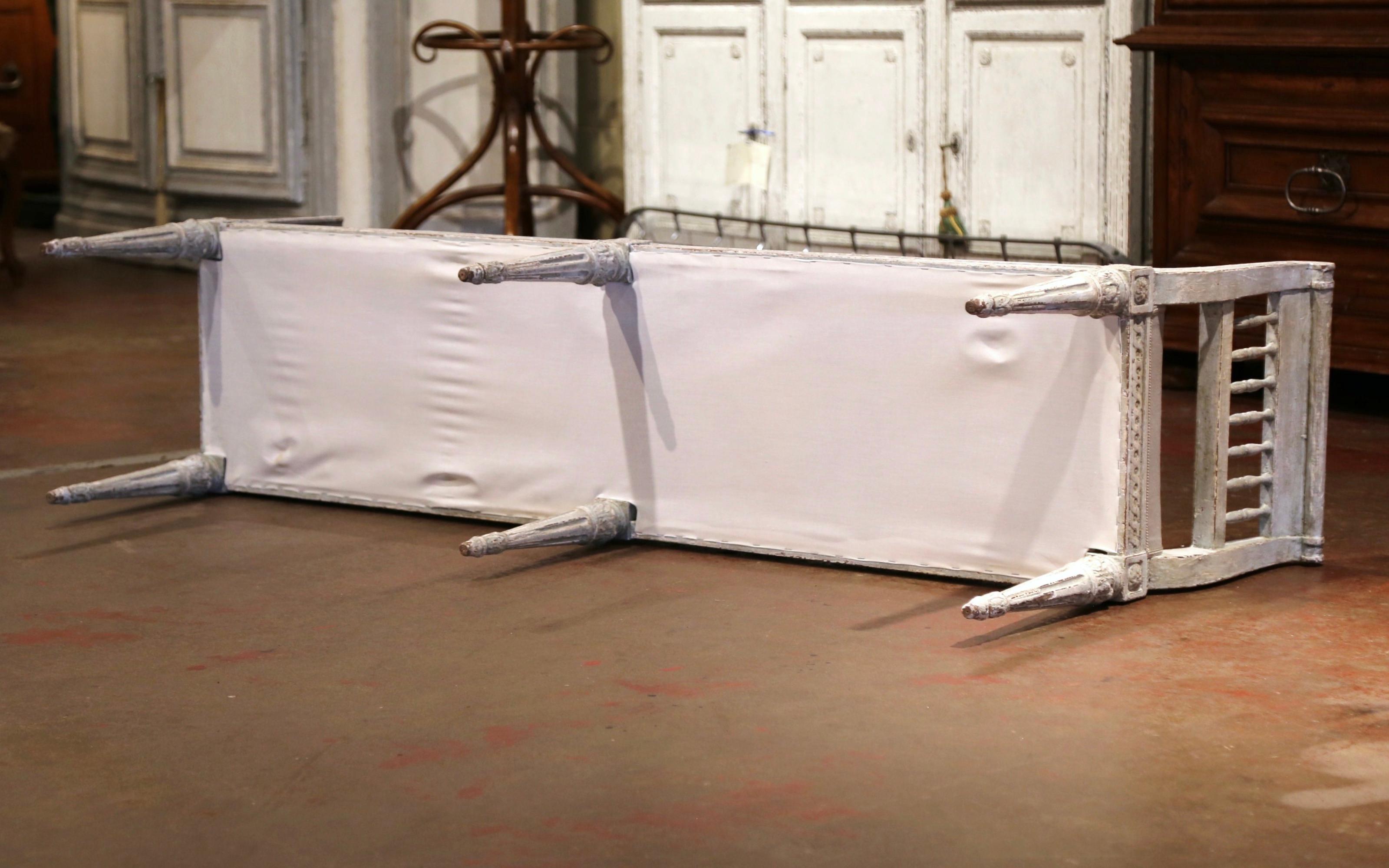 19th Century French Louis XVI Carved Painted Upholstered Banquette with Back 6