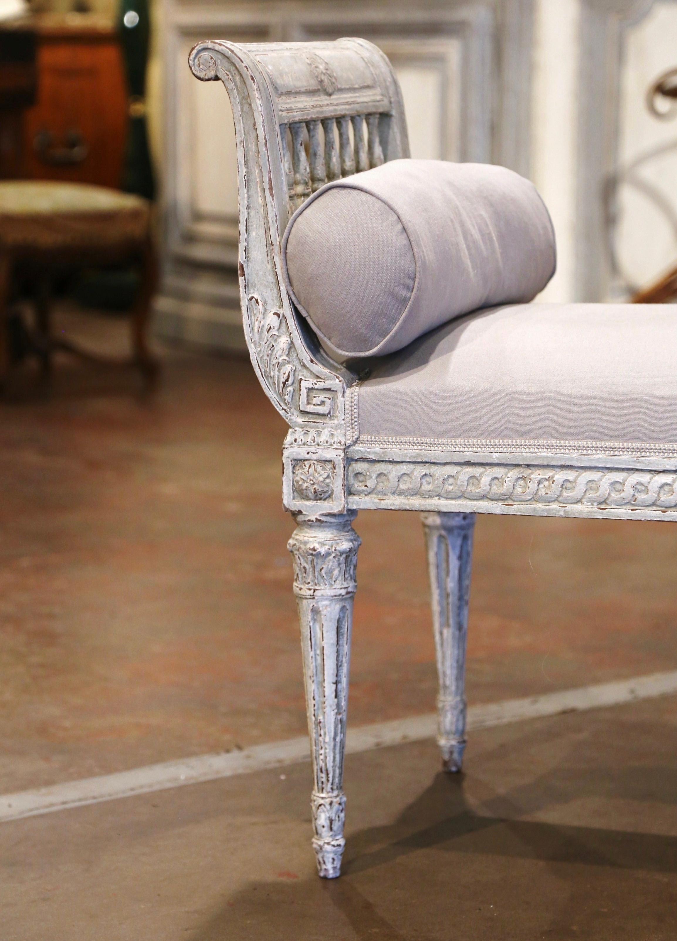 Hand-Carved 19th Century French Louis XVI Carved Painted Upholstered Banquette with Back