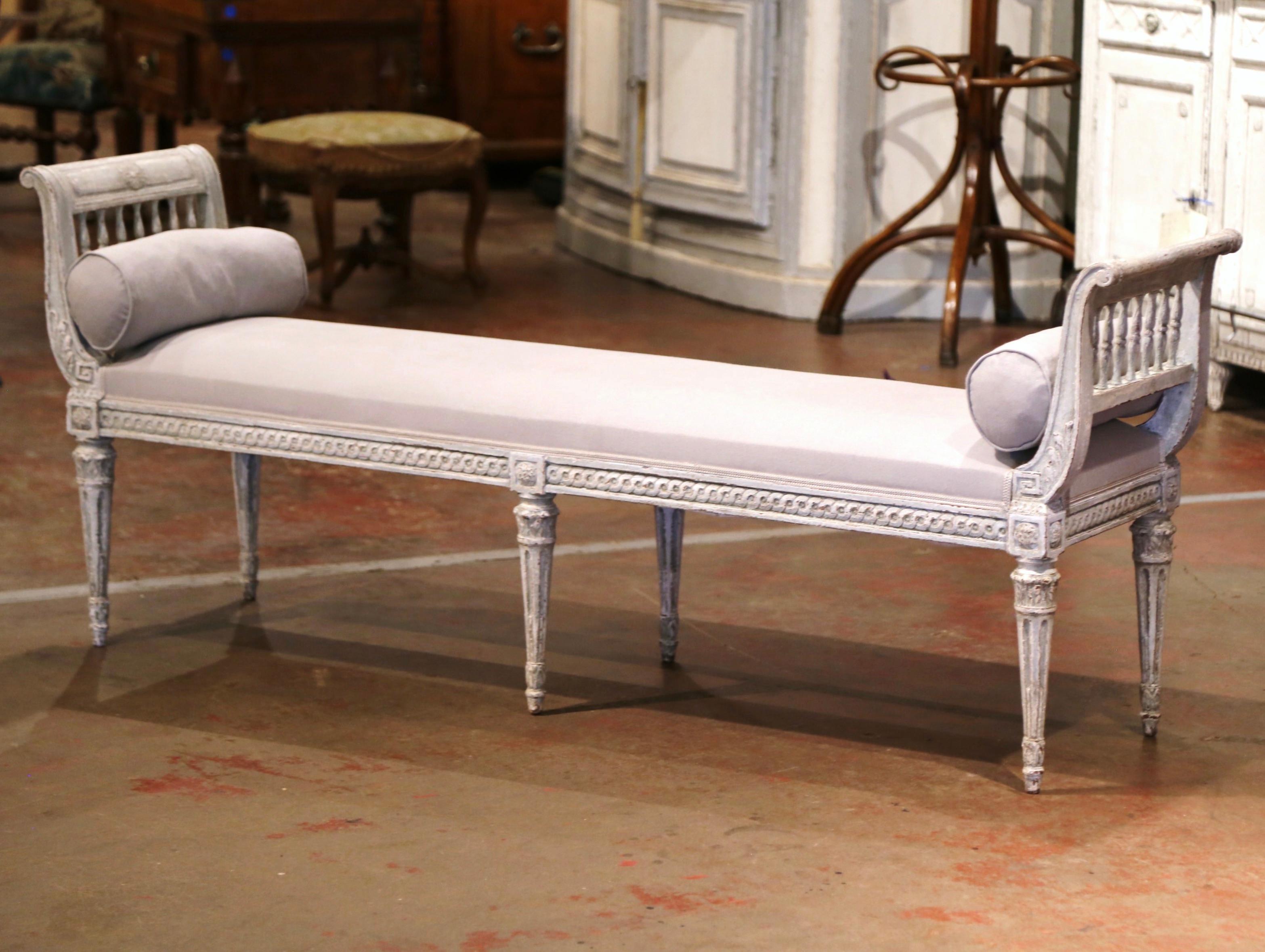 19th Century French Louis XVI Carved Painted Upholstered Banquette with Back In Excellent Condition In Dallas, TX